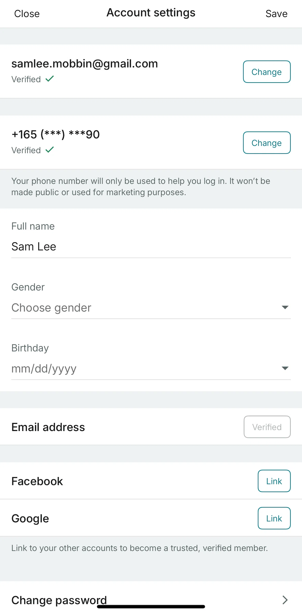 Vinted Screen screen in the Adding profile details flow