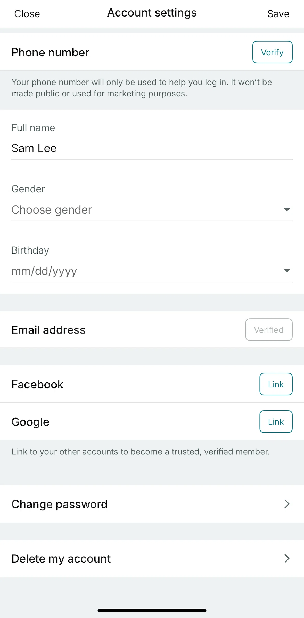 Vinted Screen screen in the Changing password flow