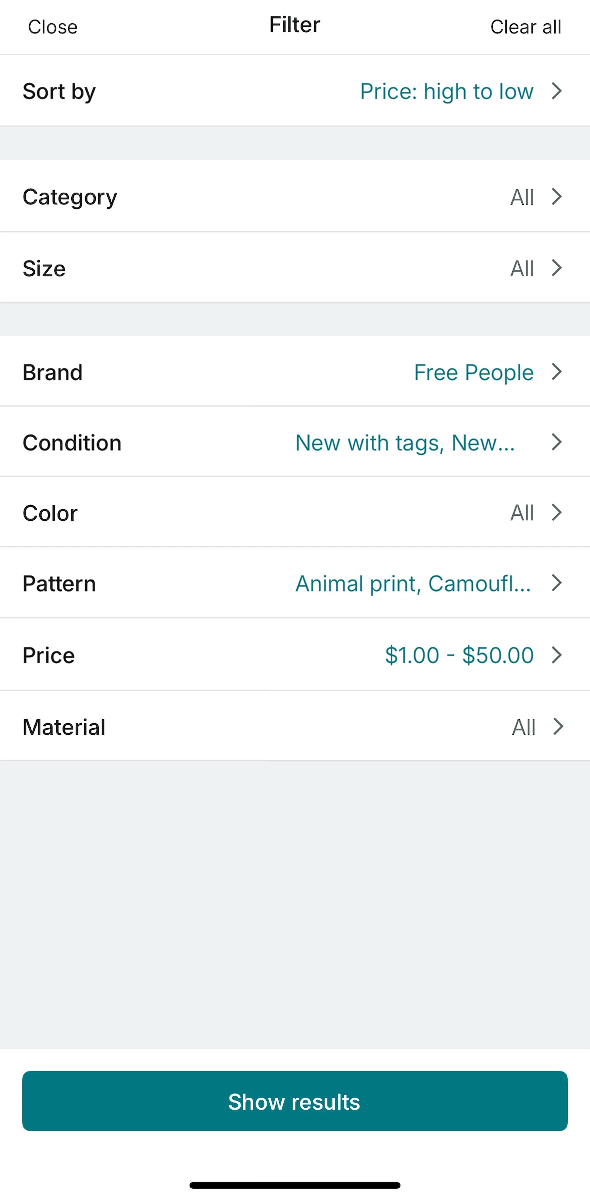 Vinted Screen screen in the Clearing filters flow