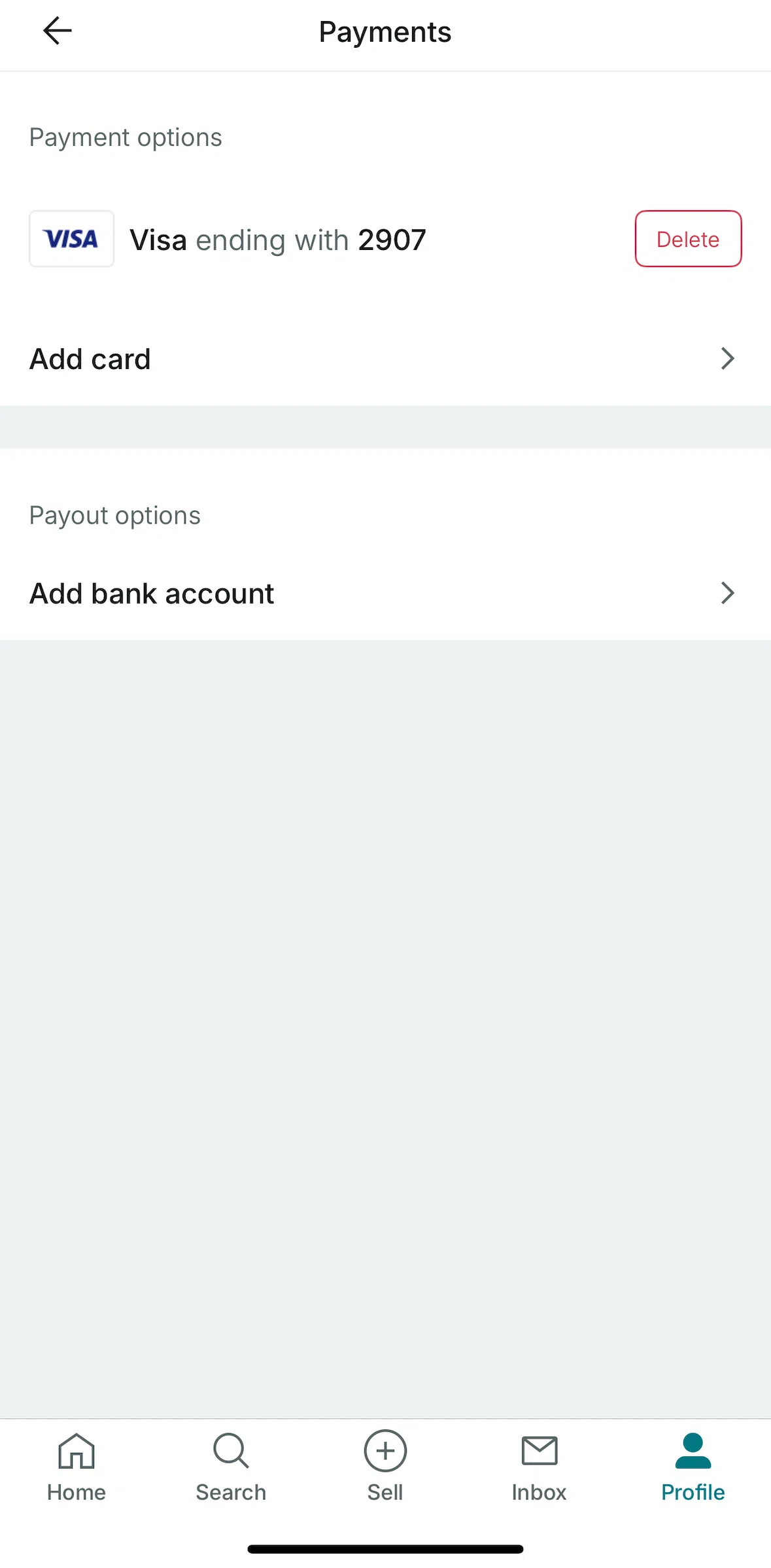 Vinted Screen screen in the Deleting bank card flow