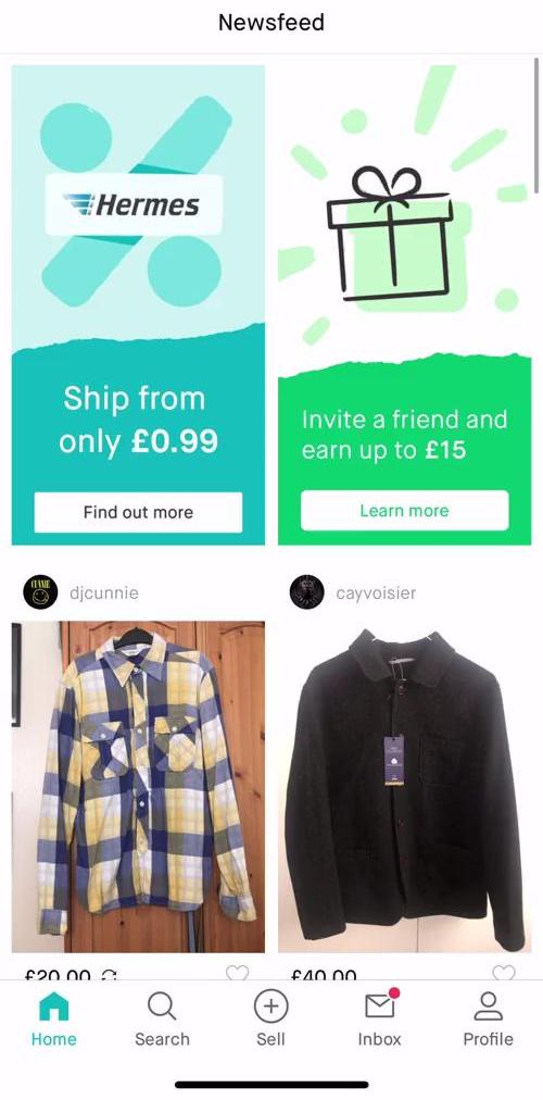 Vinted Home feed screen in the Searching flow