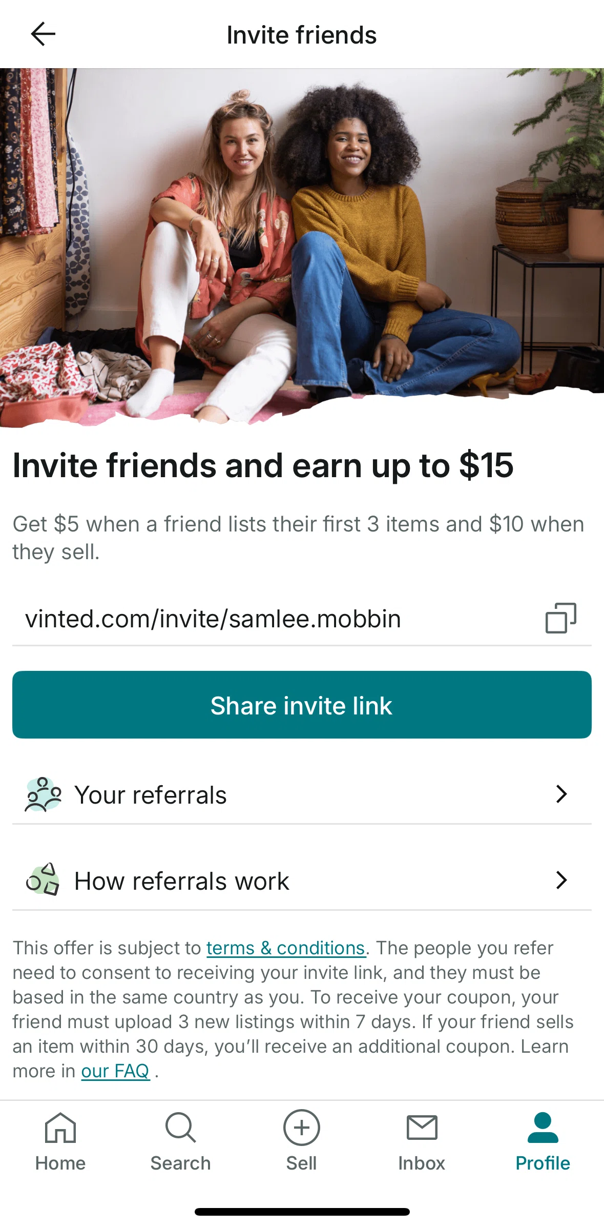 Vinted Screen screen in the View referrals flow