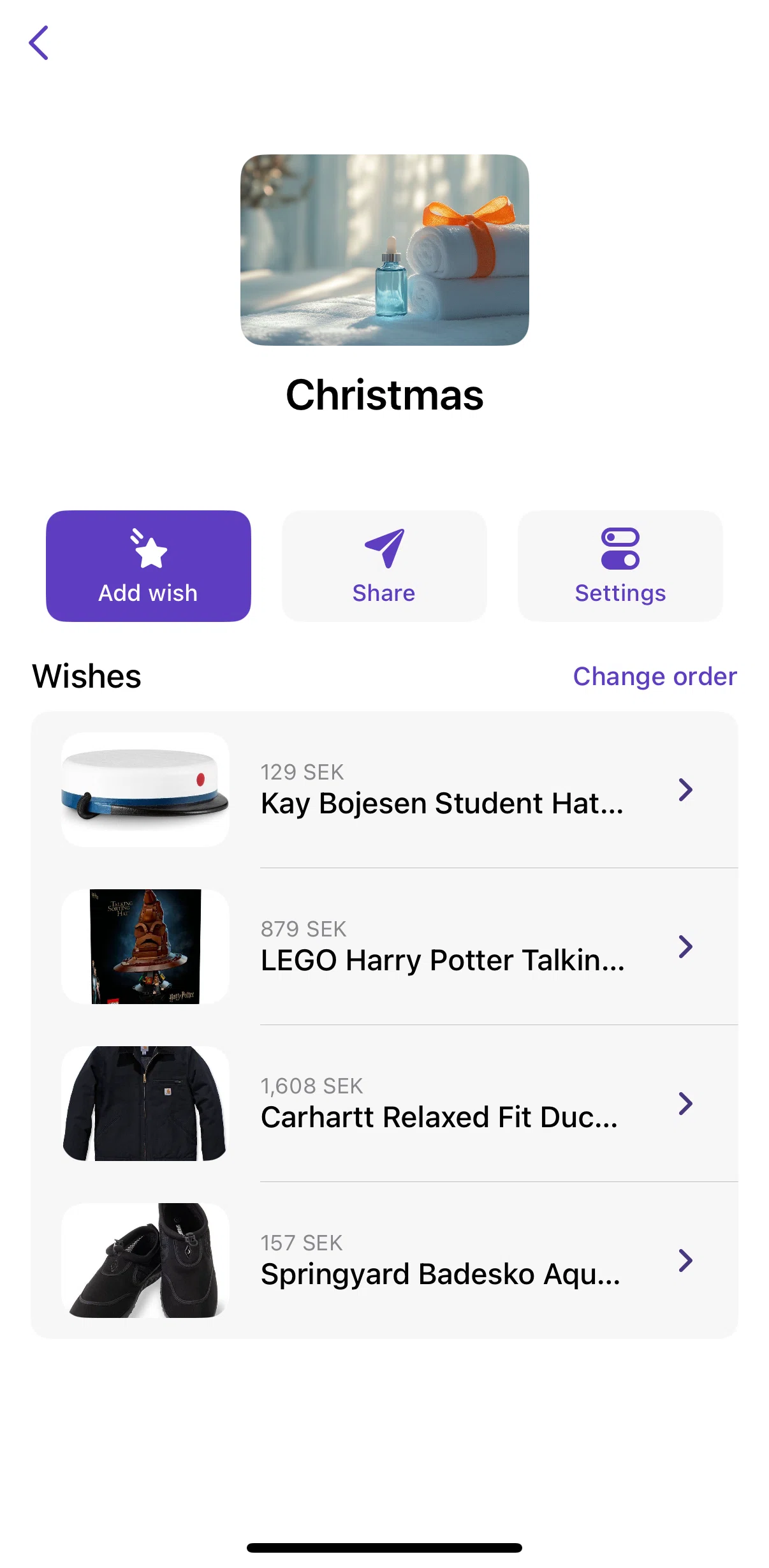Vipps Screen screen in the Editing wish list flow