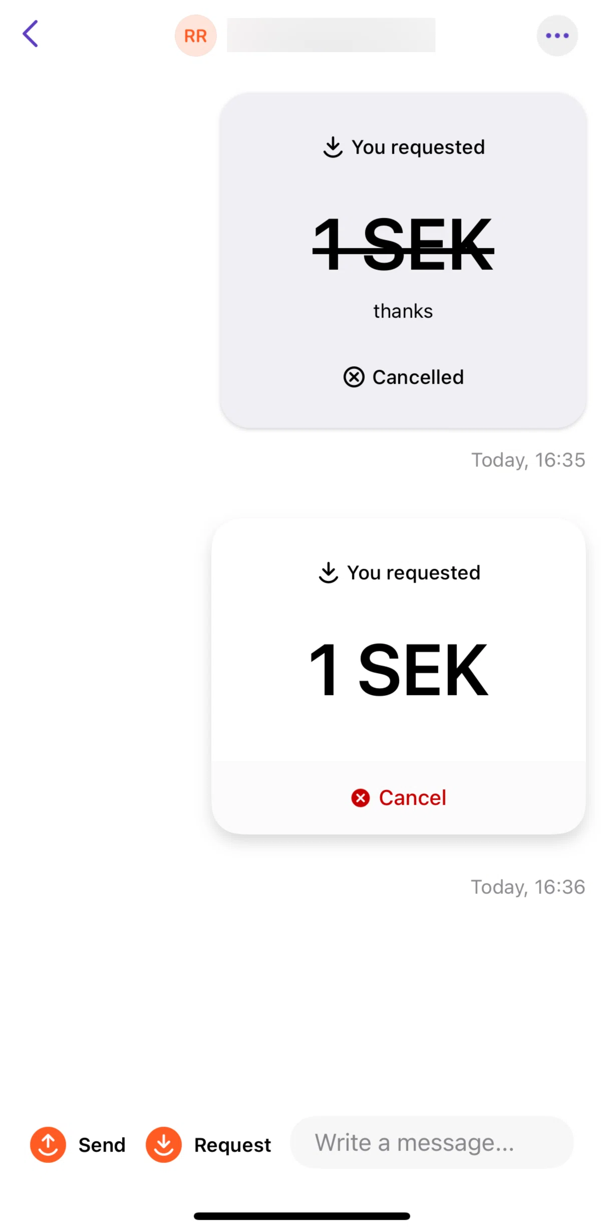 Vipps Screen screen in the Sending a message flow