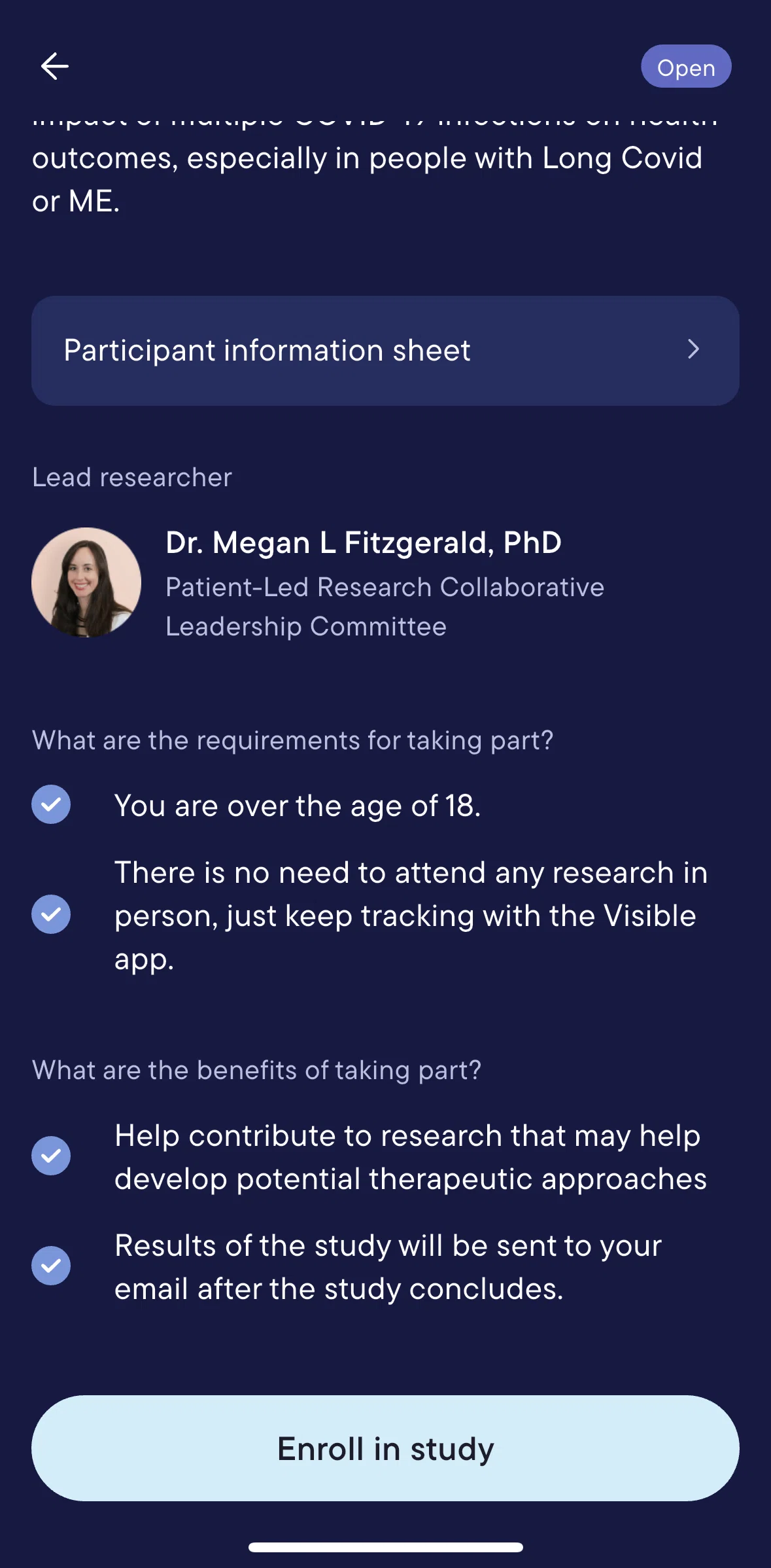 Visible Screen screen in the Enrolling in a study flow