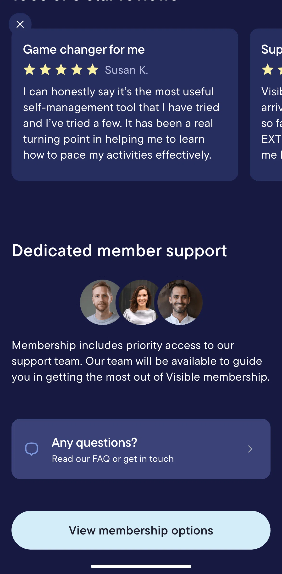Visible Screen screen in the Membership FAQ flow