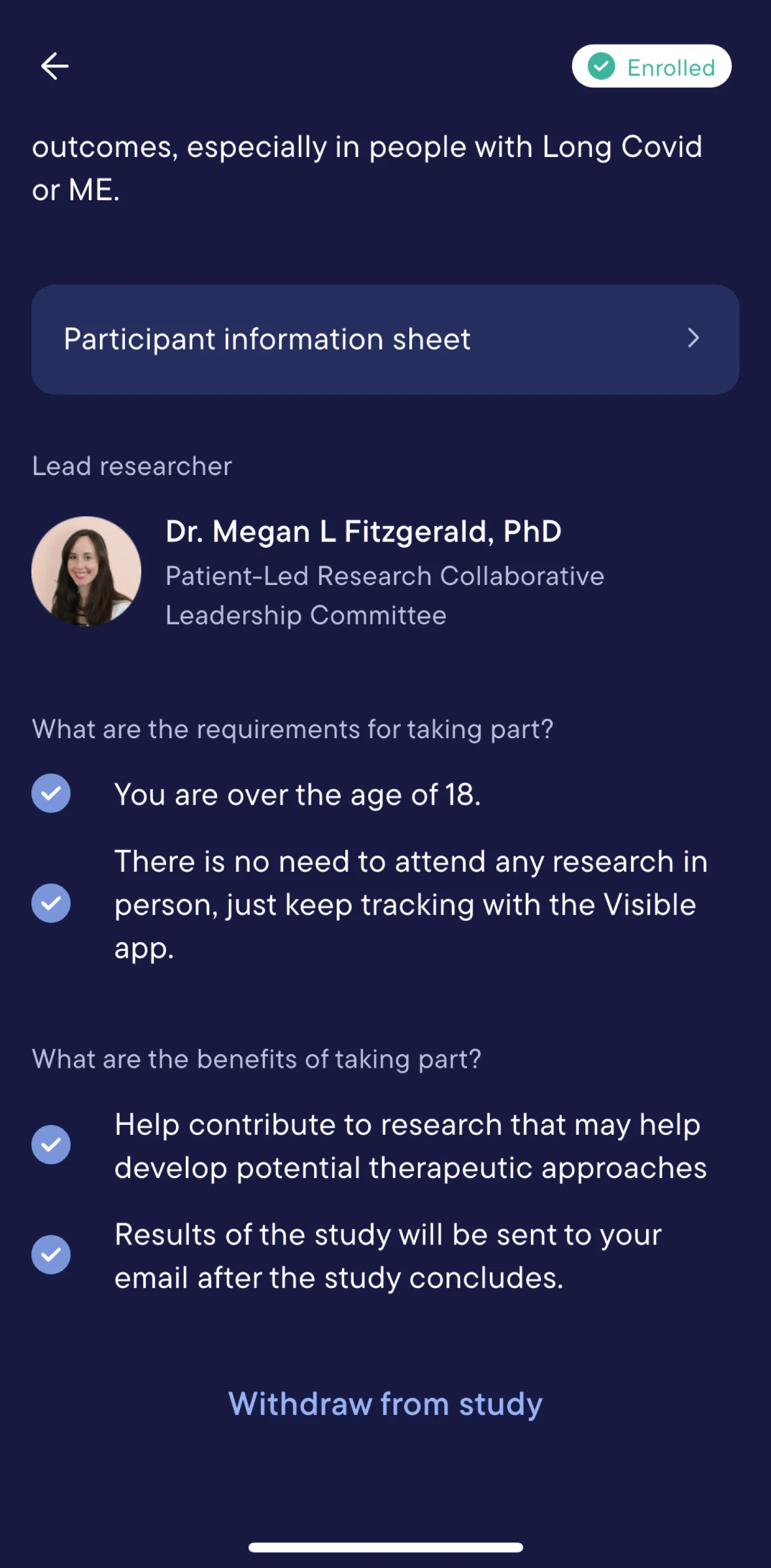 Visible Screen screen in the Withdrawing from a study flow