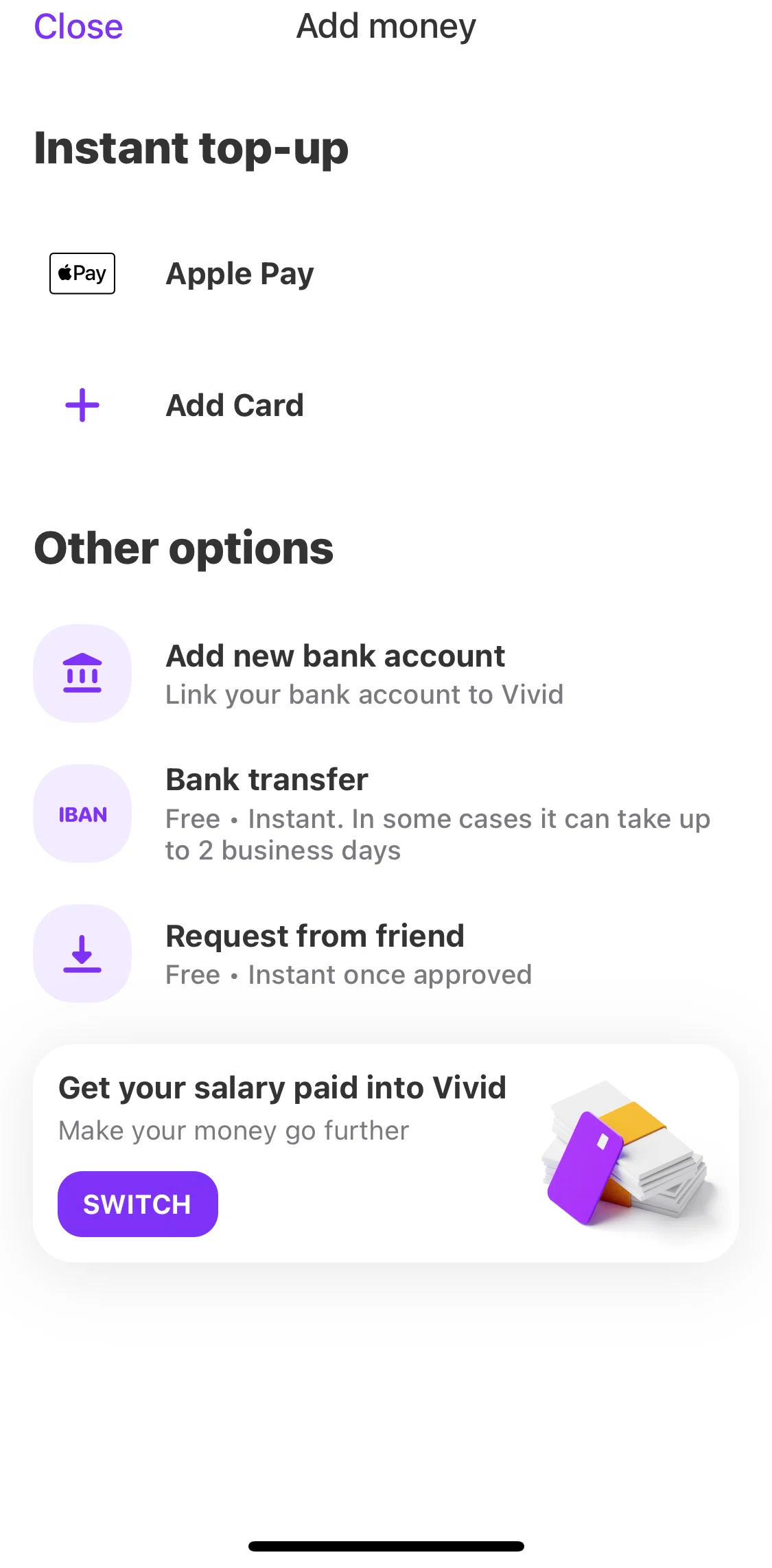 Vivid Screen screen in the Adding money via bank transfer flow