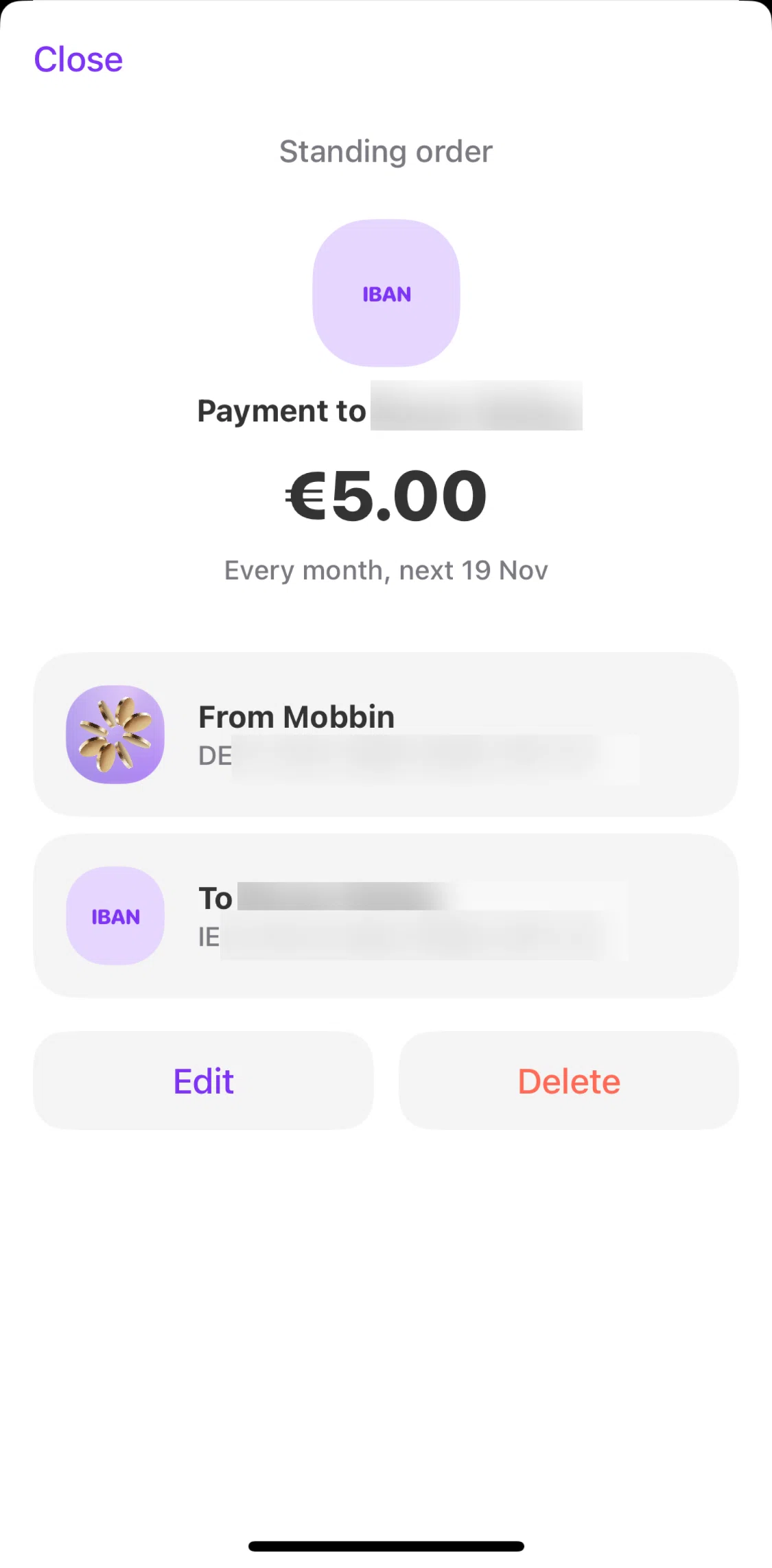 Vivid Screen screen in the Deleting a planned payment flow