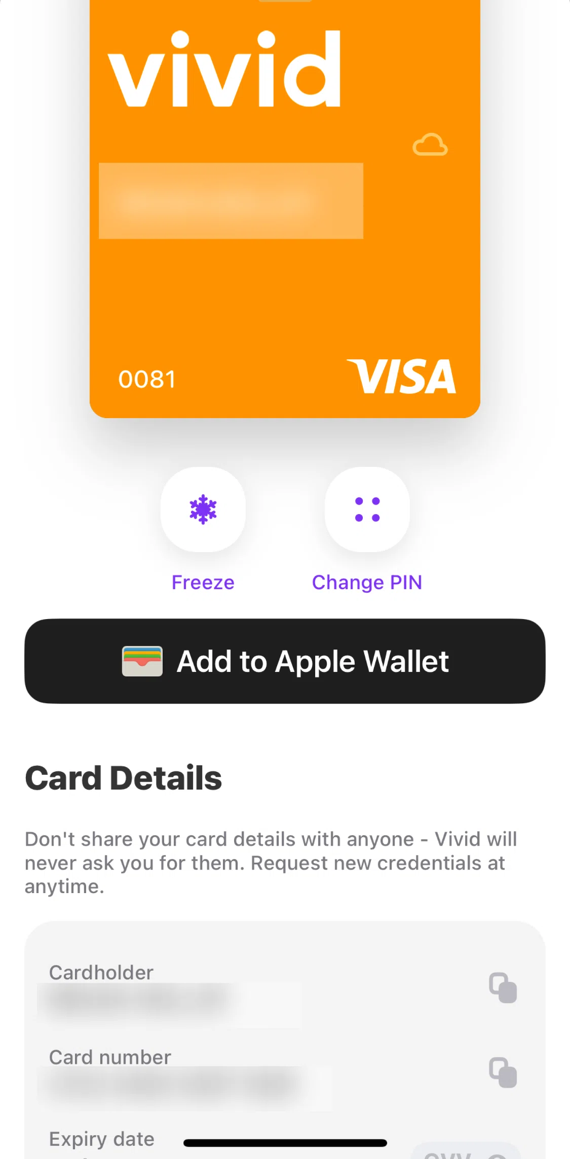 Vivid Screen screen in the Freezing a card flow