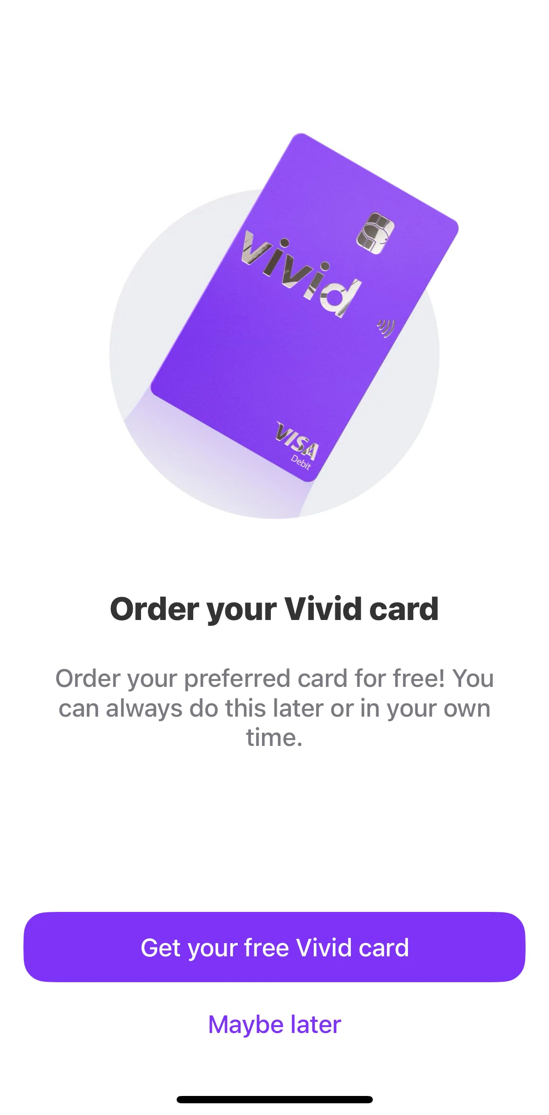Vivid Screen screen in the Ordering a card flow
