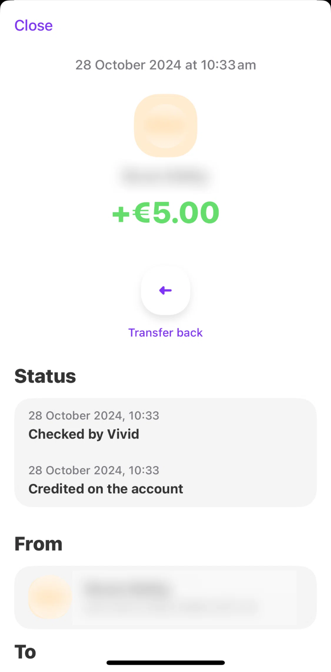 Vivid Screen screen in the Transferring back flow