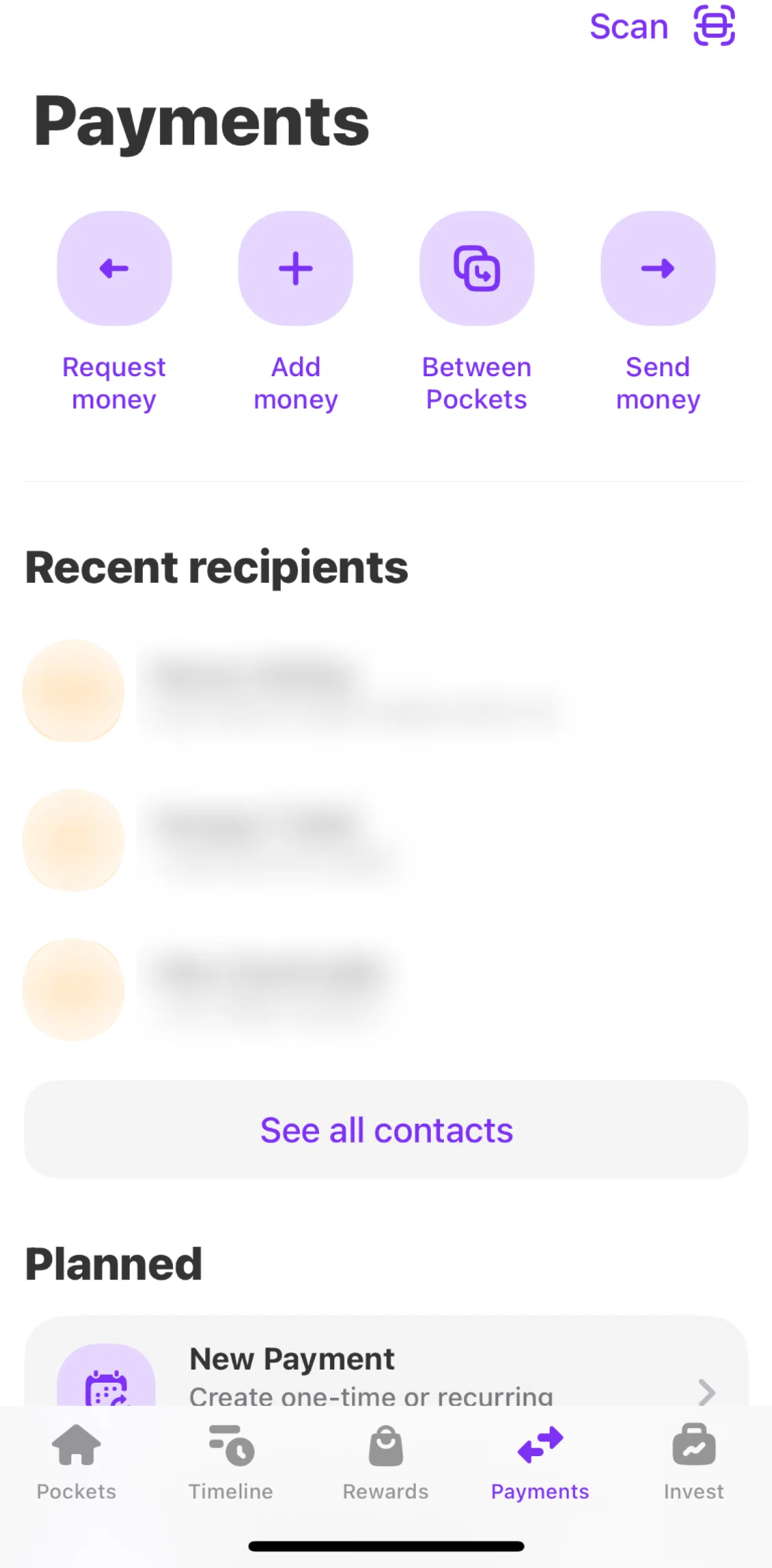Vivid Screen screen in the Transferring money between pockets flow