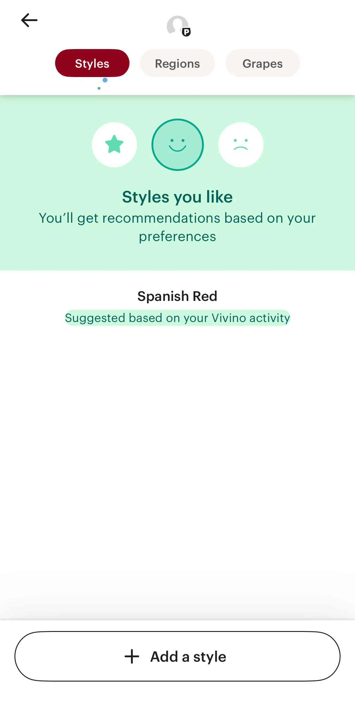 Vivino Screen screen in the Adding a wine style flow