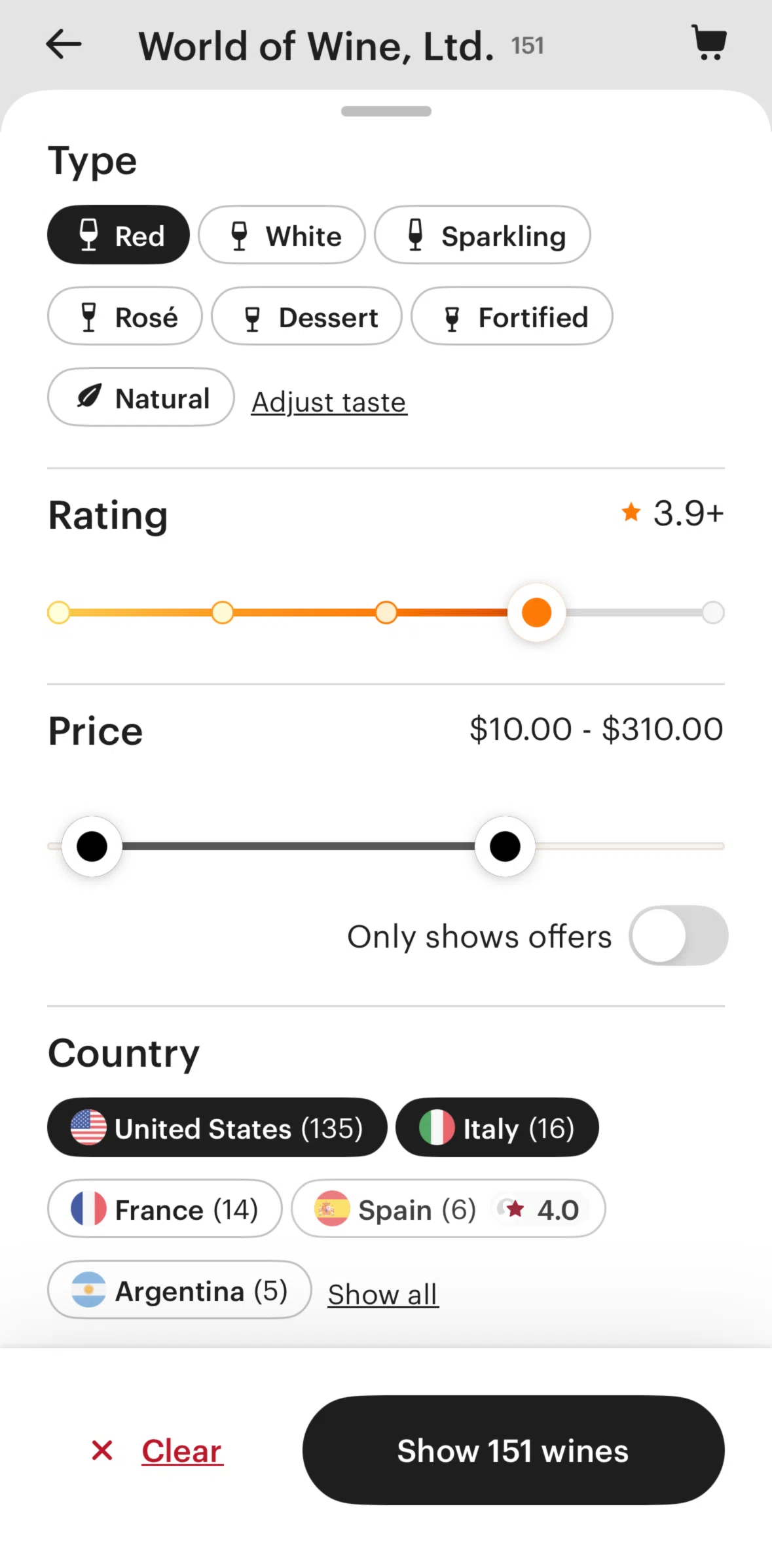 Vivino Screen screen in the Adjusting taste flow