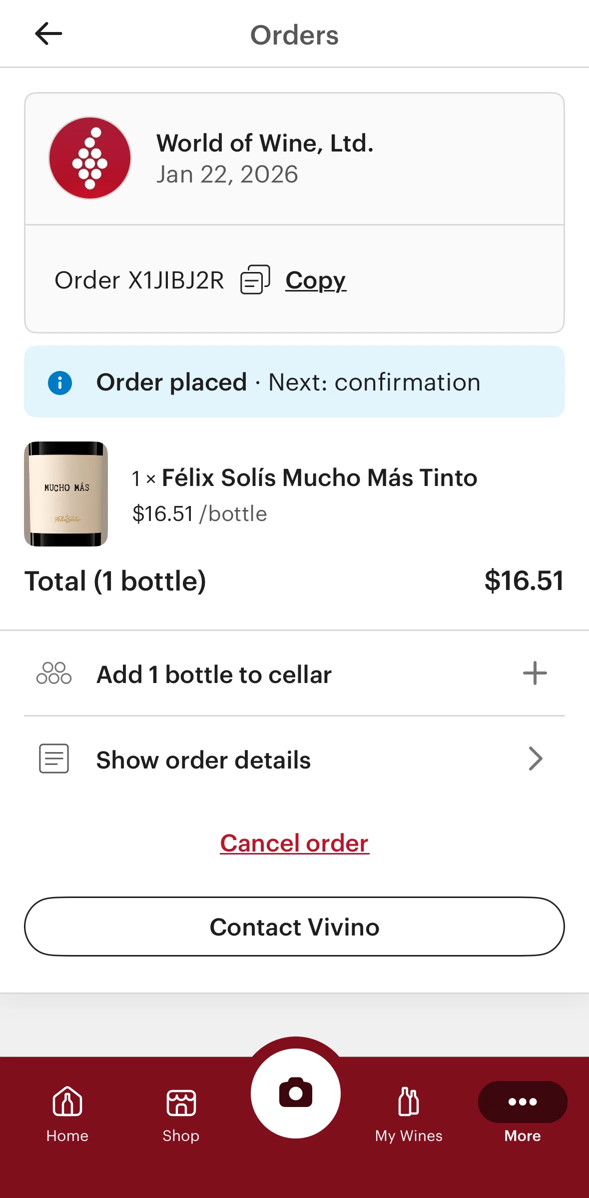 Vivino Screen screen in the Canceling an order flow