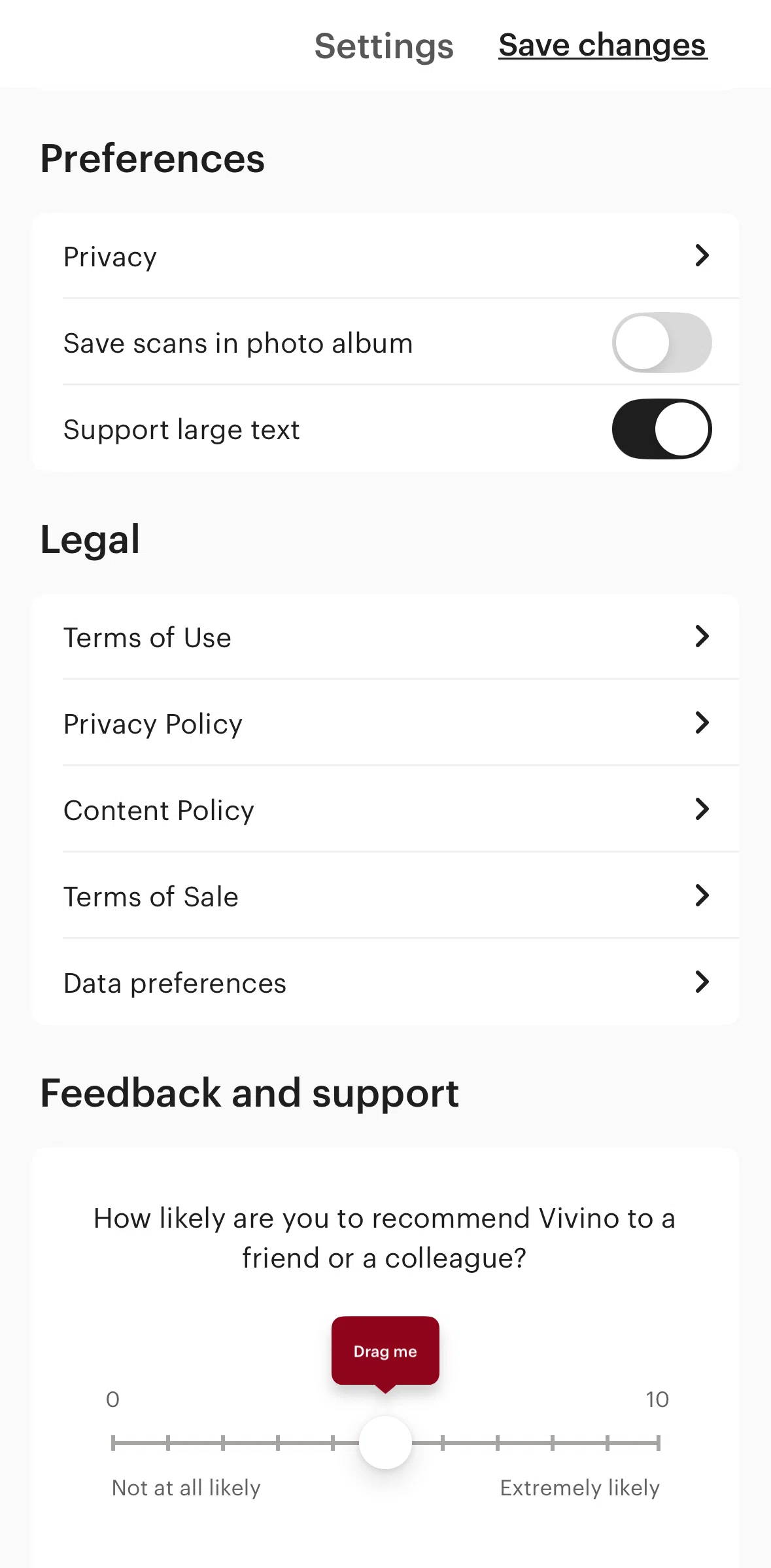 Vivino Screen screen in the Changing privacy setting flow