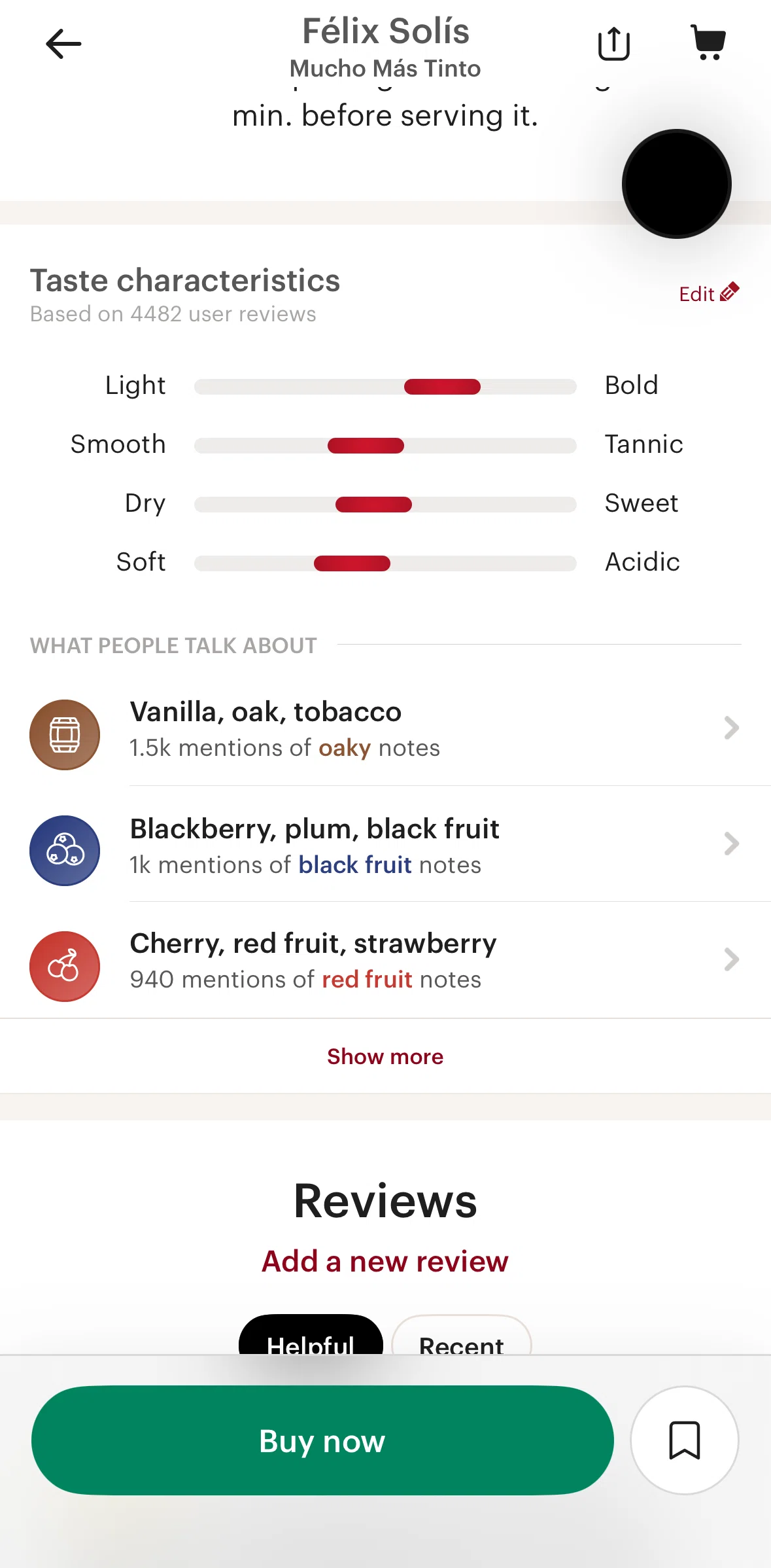 Vivino Screen screen in the Editing taste characteristics flow