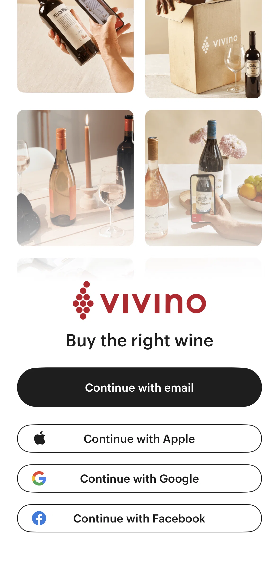 Vivino Screen screen in the Logging in flow