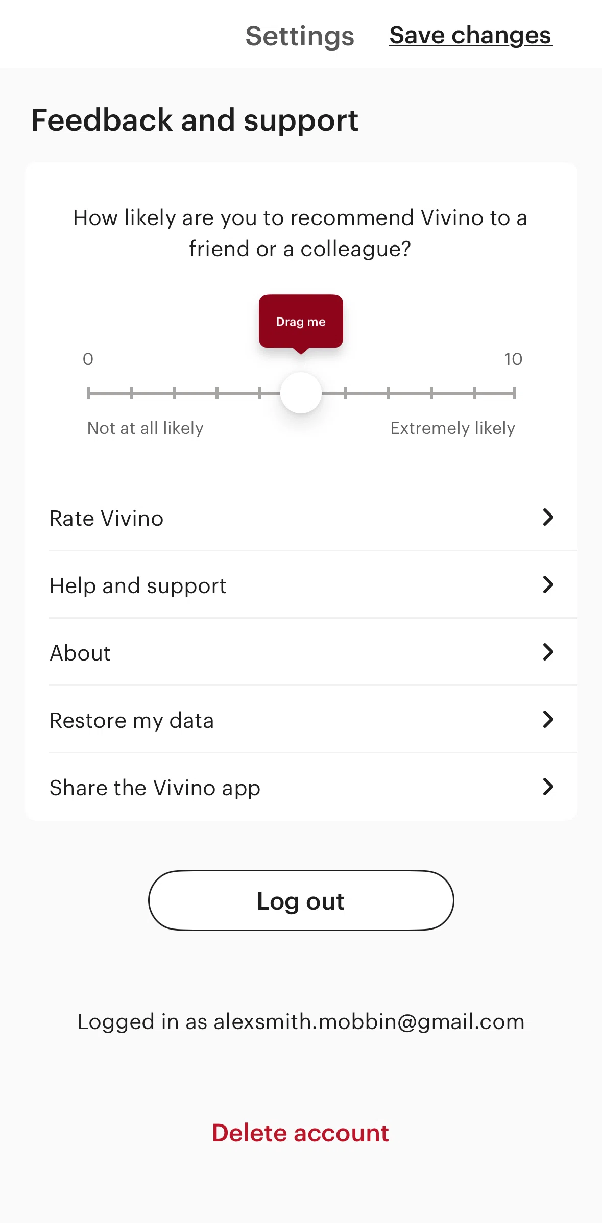Vivino Screen screen in the Logging out flow