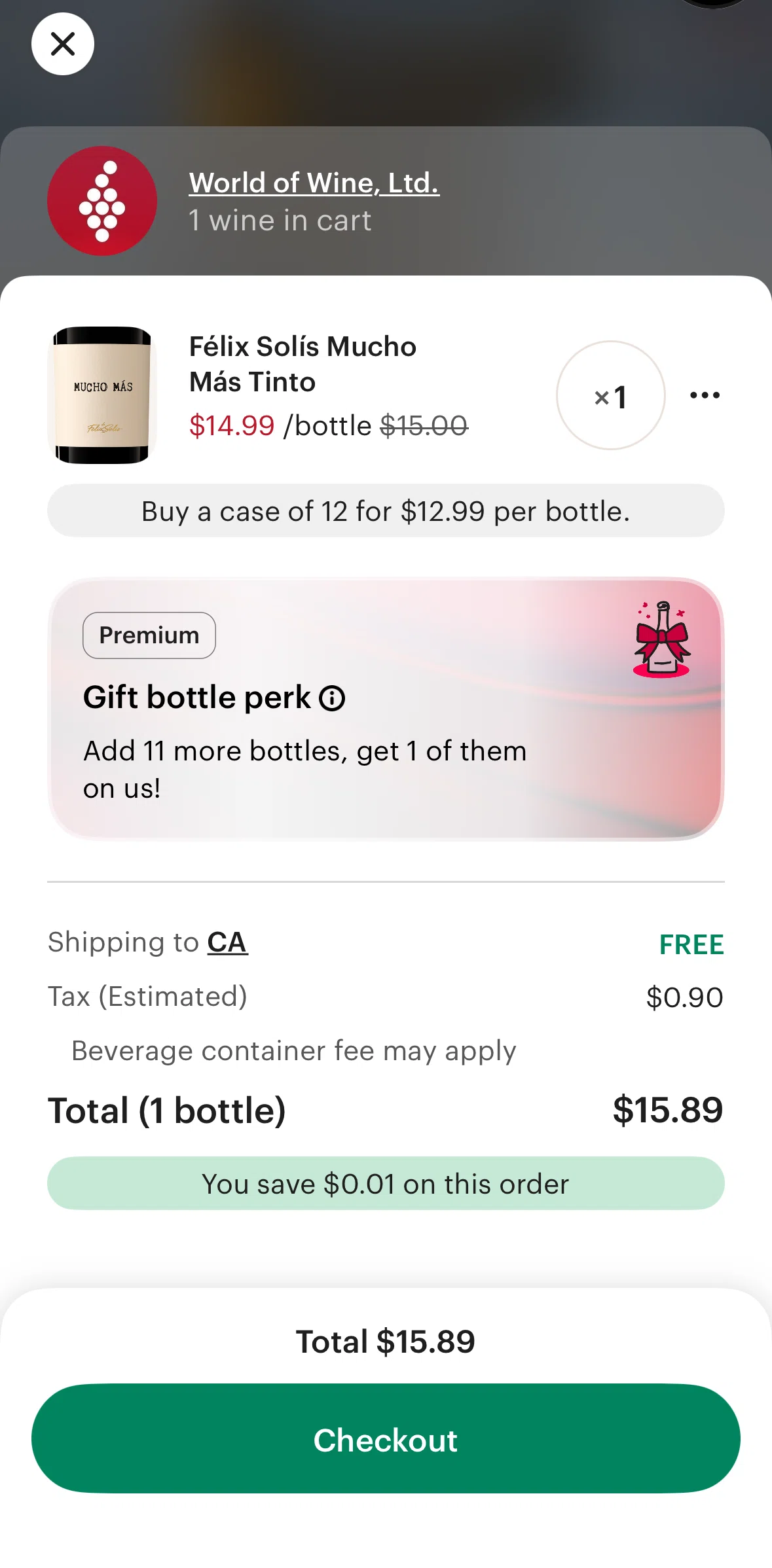 Vivino Screen screen in the Removing an item from cart flow