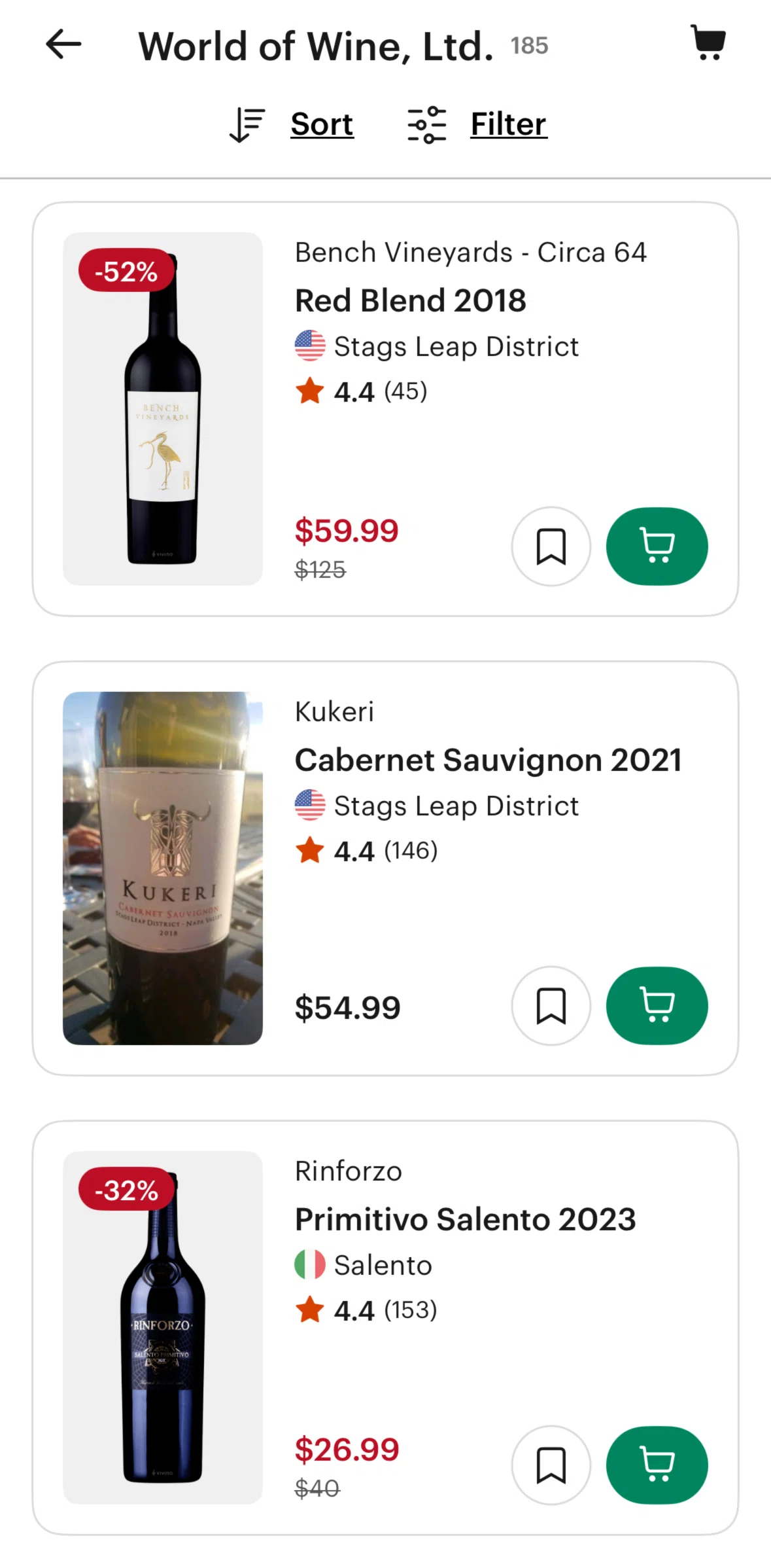 Vivino Screen screen in the Sorting products flow