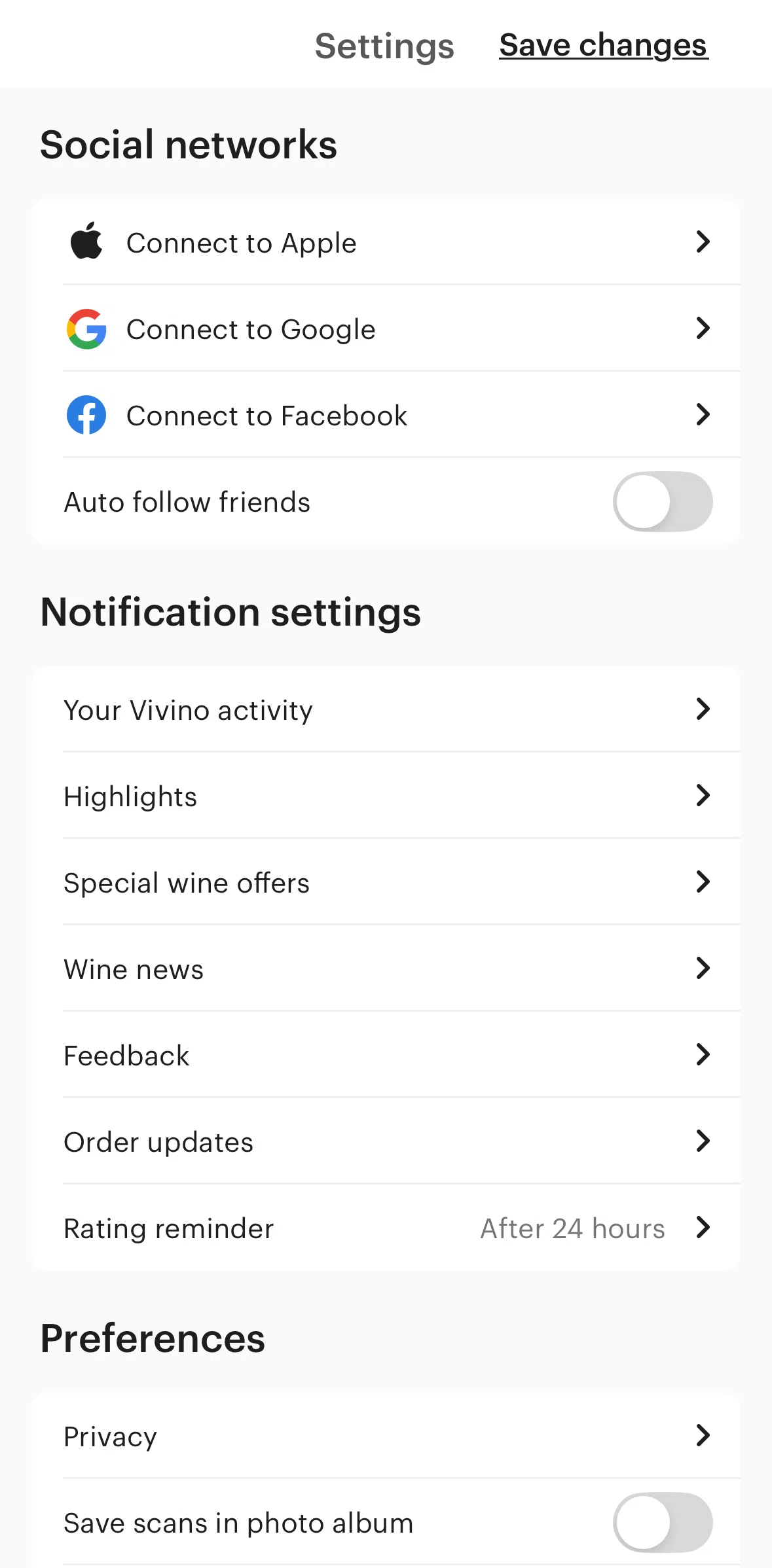 Vivino Screen screen in the Turning off notifications flow