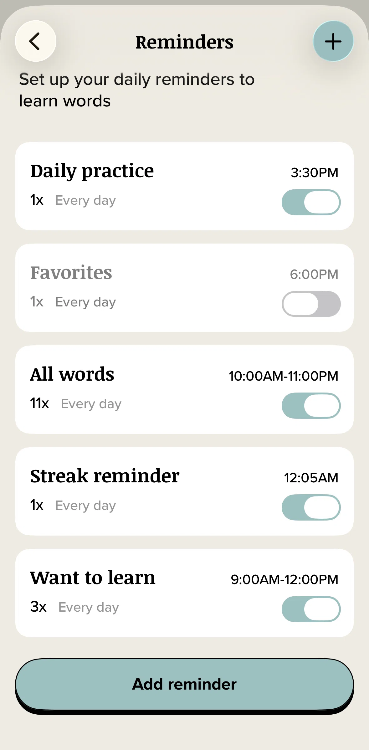 Vocabulary Screen screen in the Adding a reminder flow
