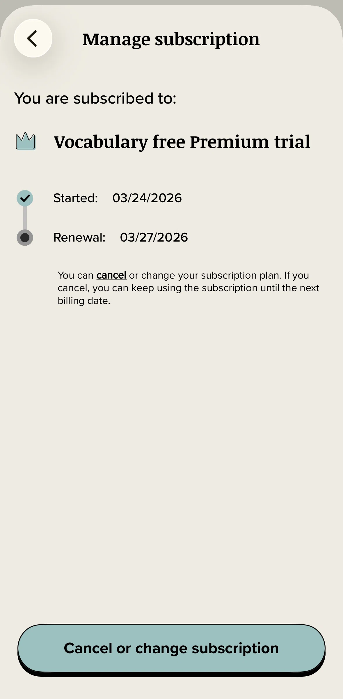 Vocabulary Screen screen in the Canceling a subscription flow