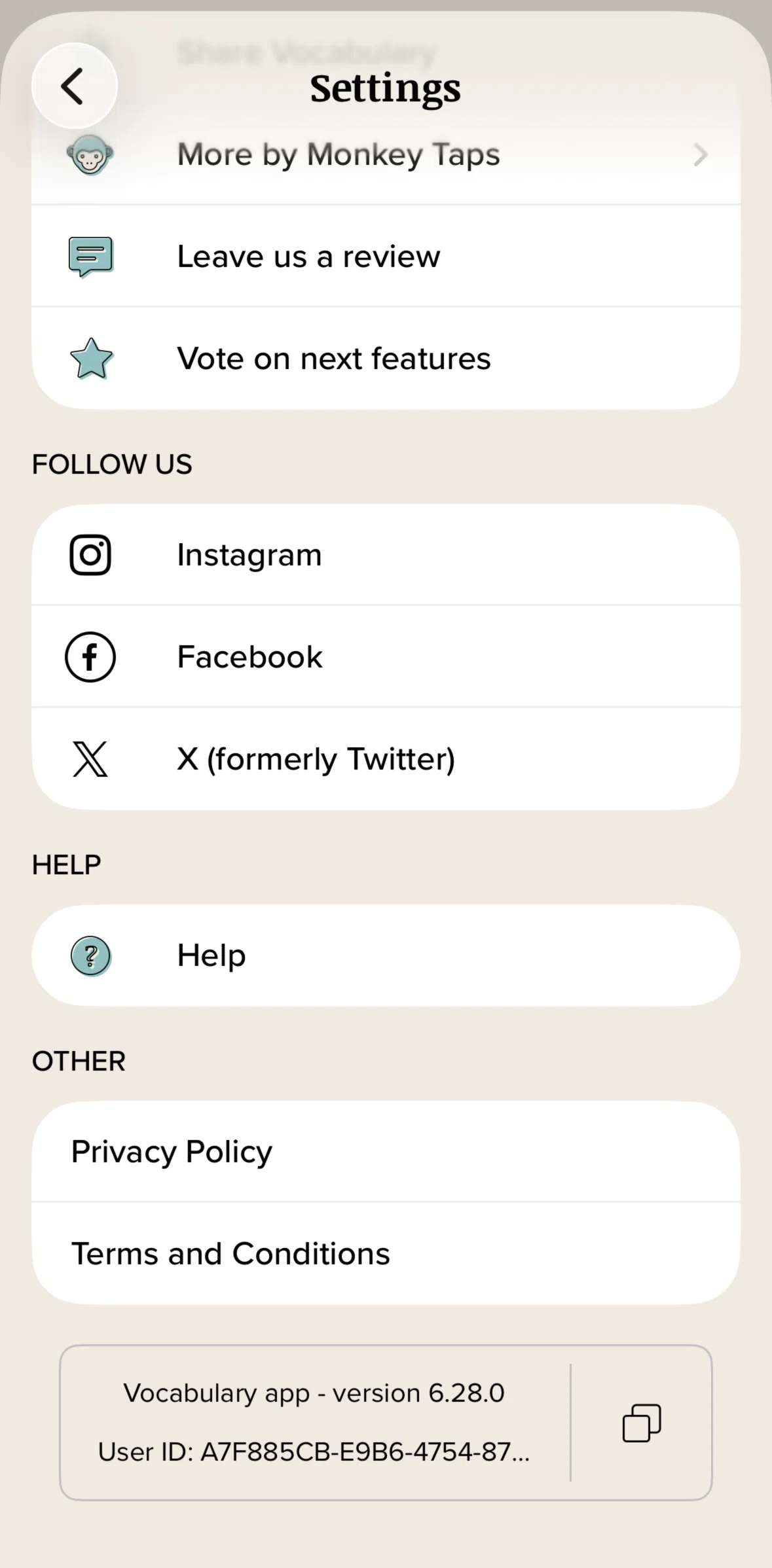 Vocabulary Screen screen in the Copying a user ID flow