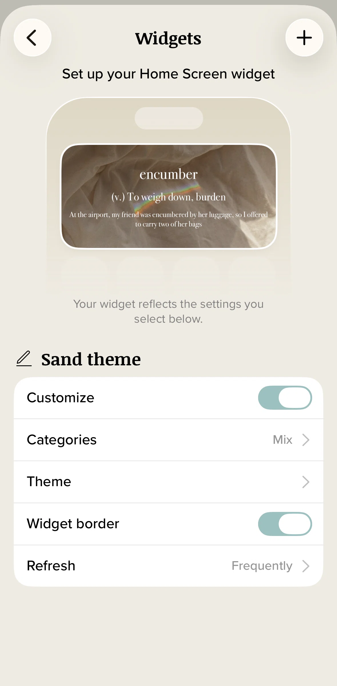 Vocabulary Screen screen in the Creating a widget customization flow
