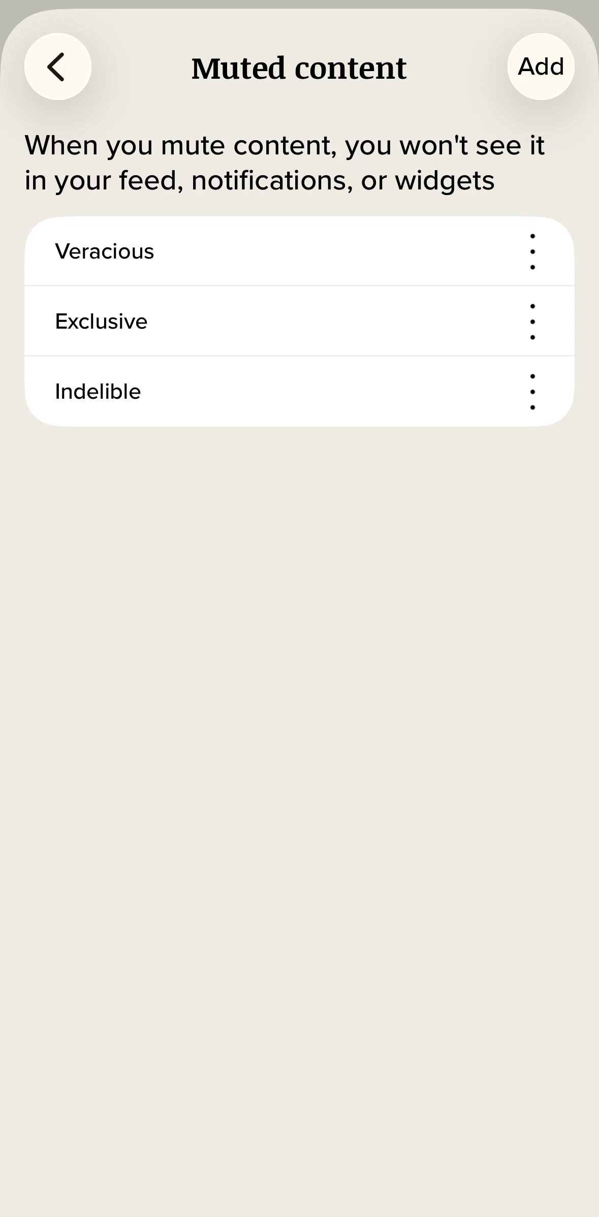 Vocabulary Screen screen in the Deleting a muted content flow