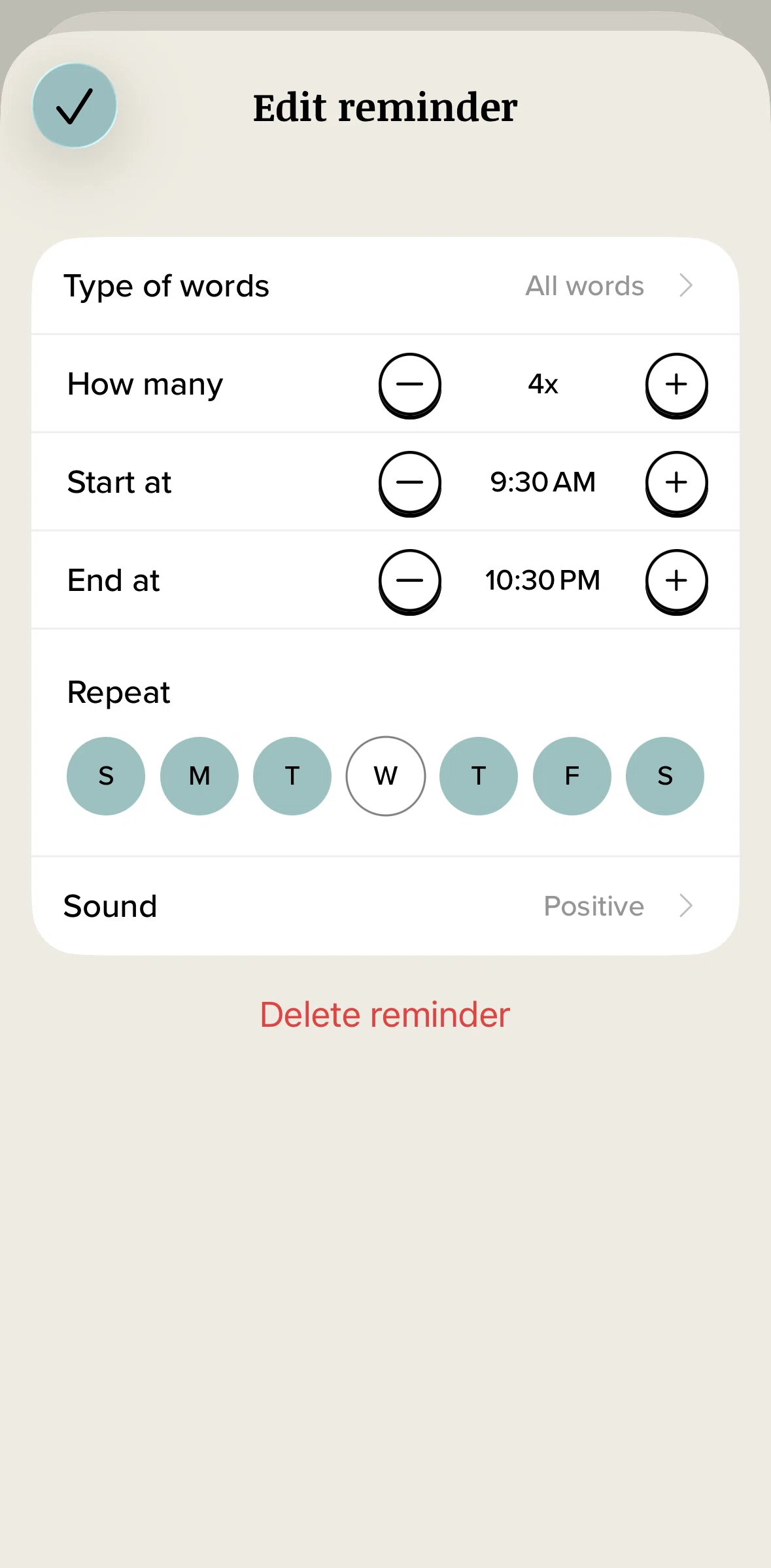 Vocabulary Screen screen in the Deleting a reminder flow