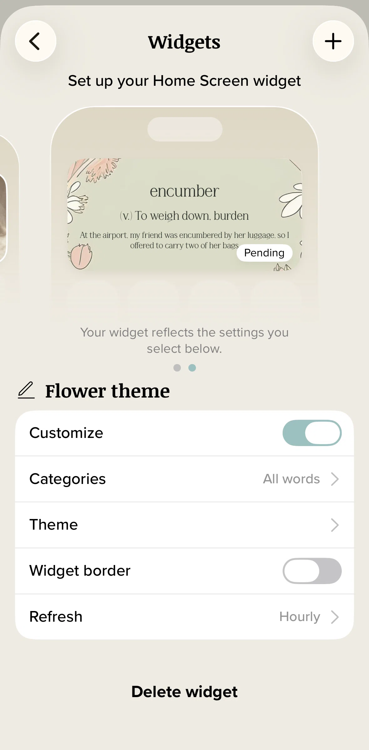 Vocabulary Screen screen in the Deleting a widget customization flow