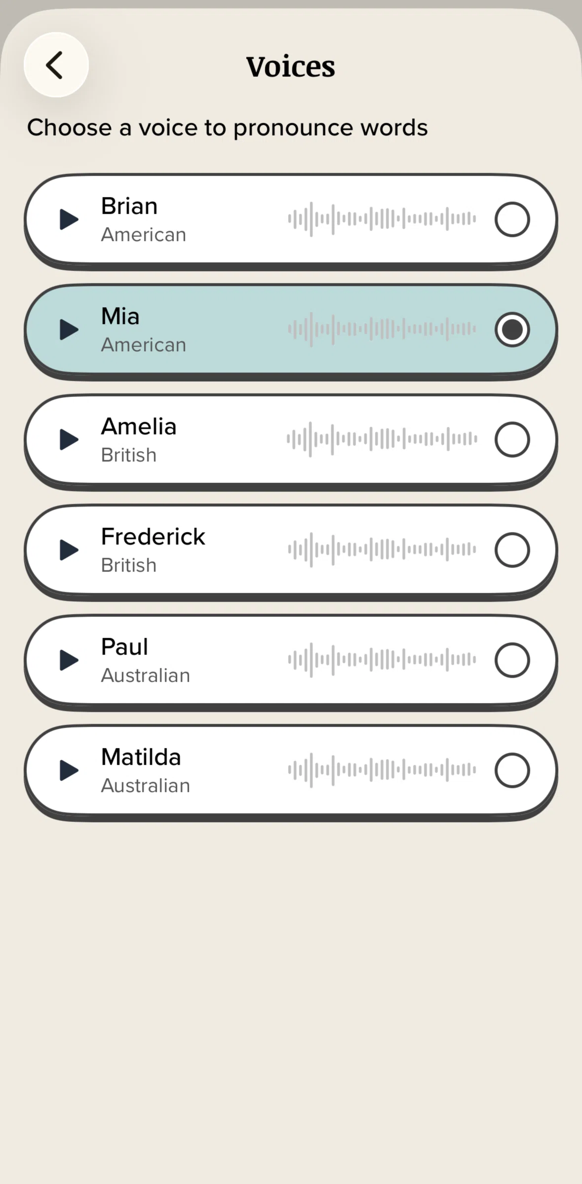 Vocabulary Screen screen in the Listening to audio flow