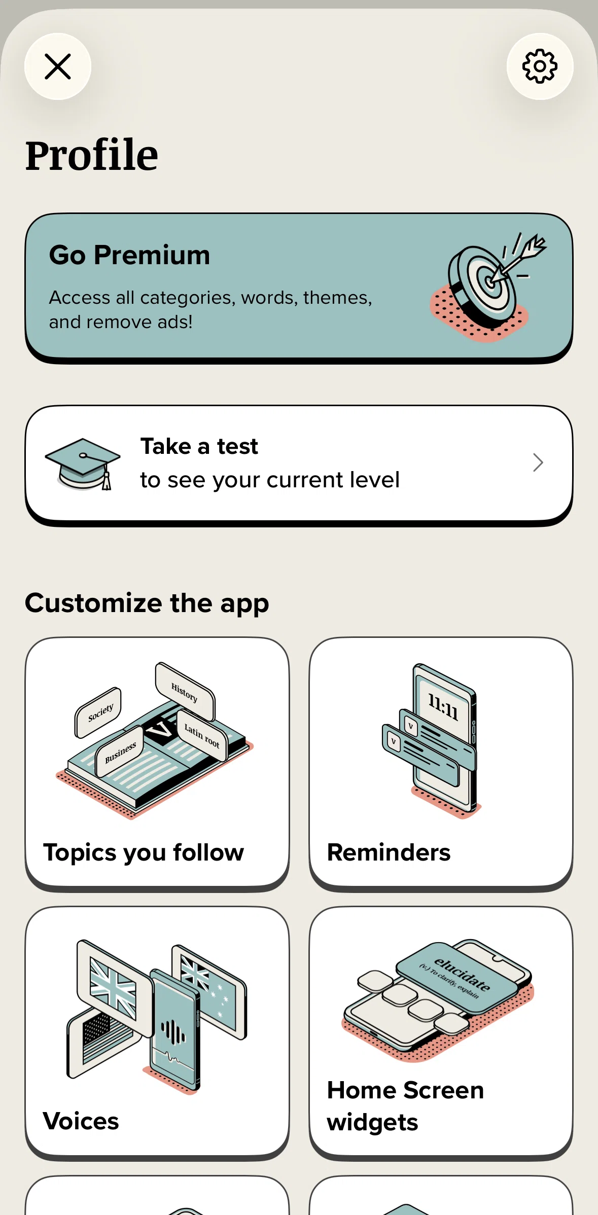 Vocabulary Screen screen in the Settings flow