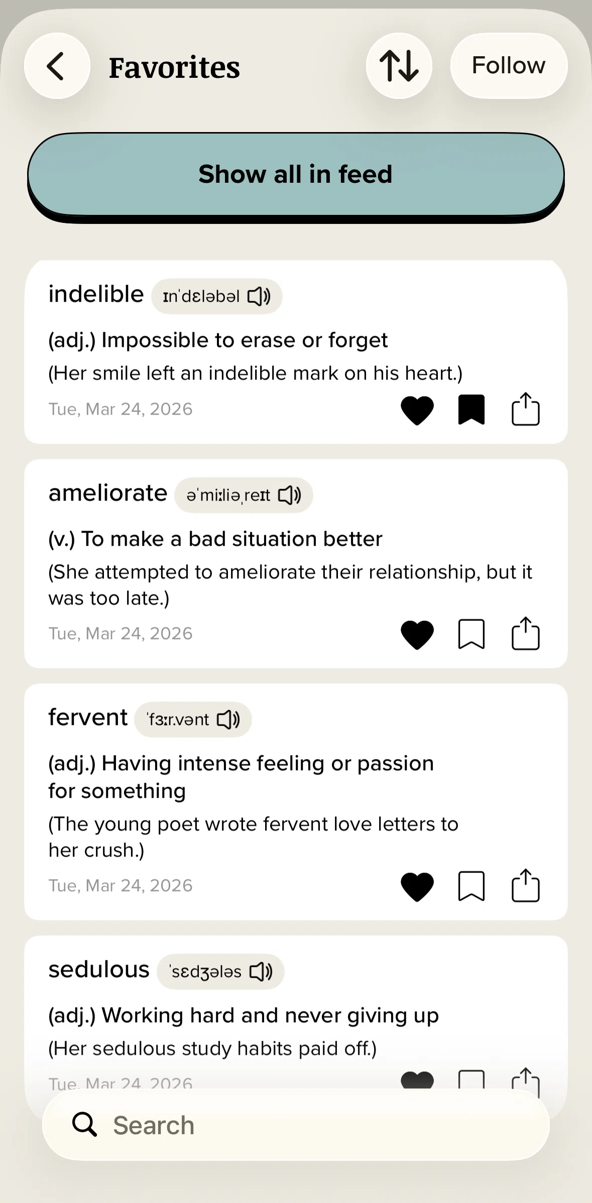 Vocabulary Screen screen in the Showing all favorites in feed flow