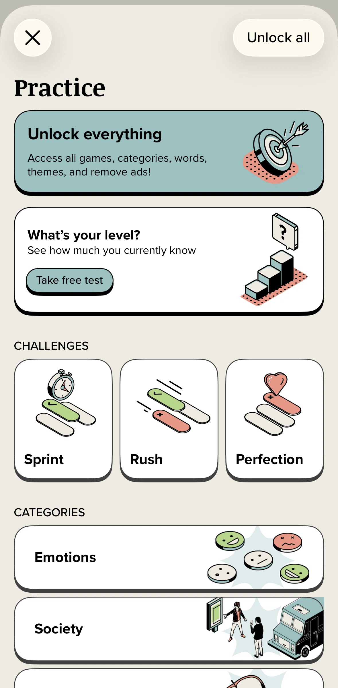 Vocabulary Screen screen in the Unlock practice flow