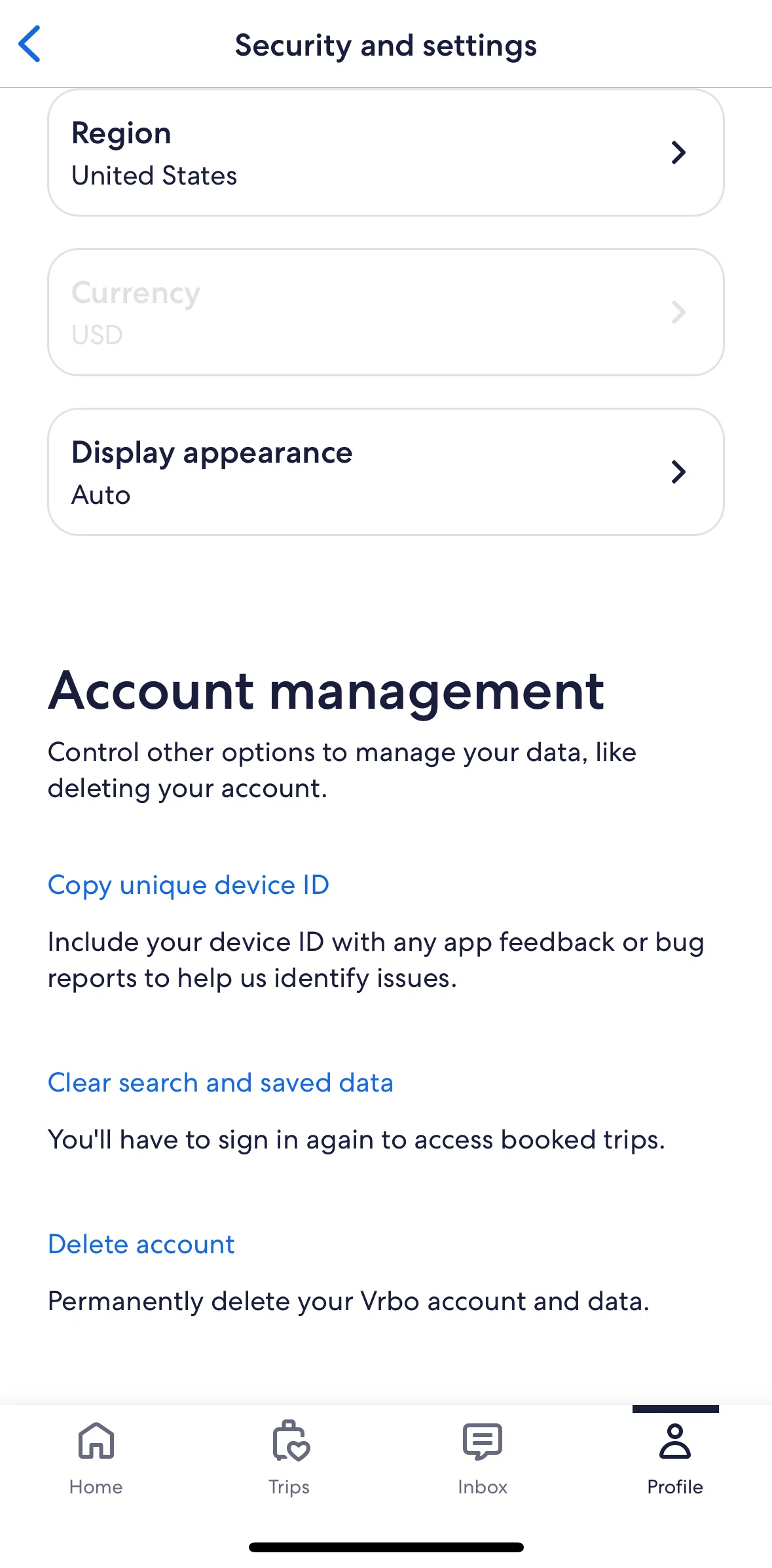 Vrbo Screen screen in the Deleting account flow