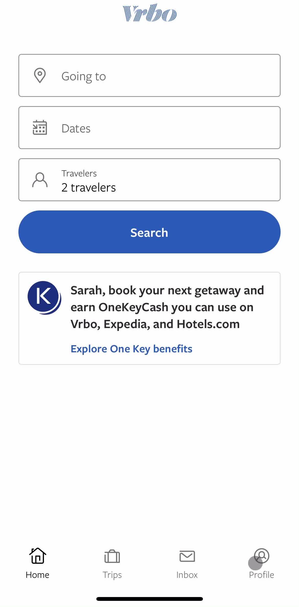 Vrbo Home screen in the Deleting Your Account flow