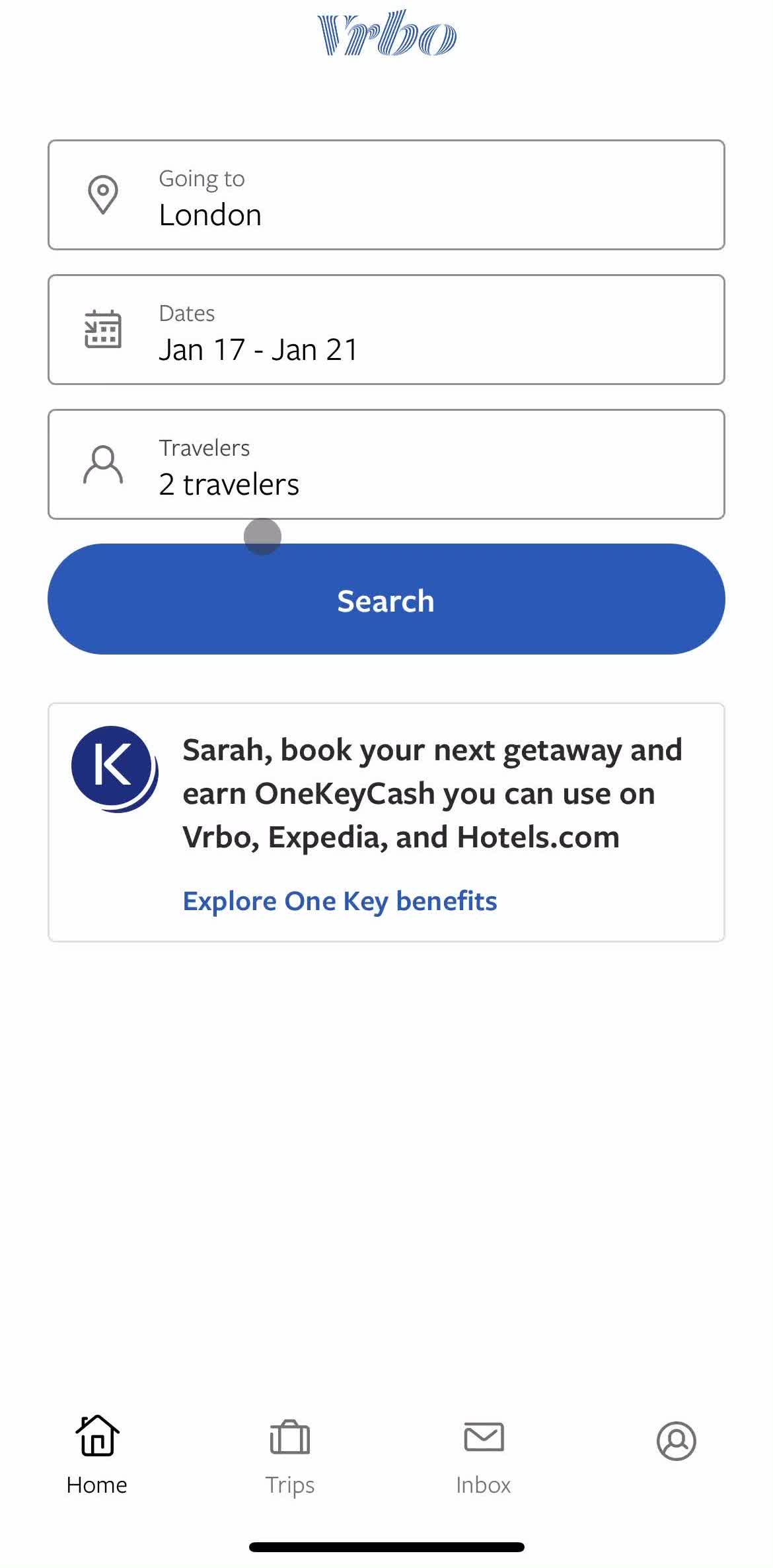 Vrbo Home screen in the Filtering flow