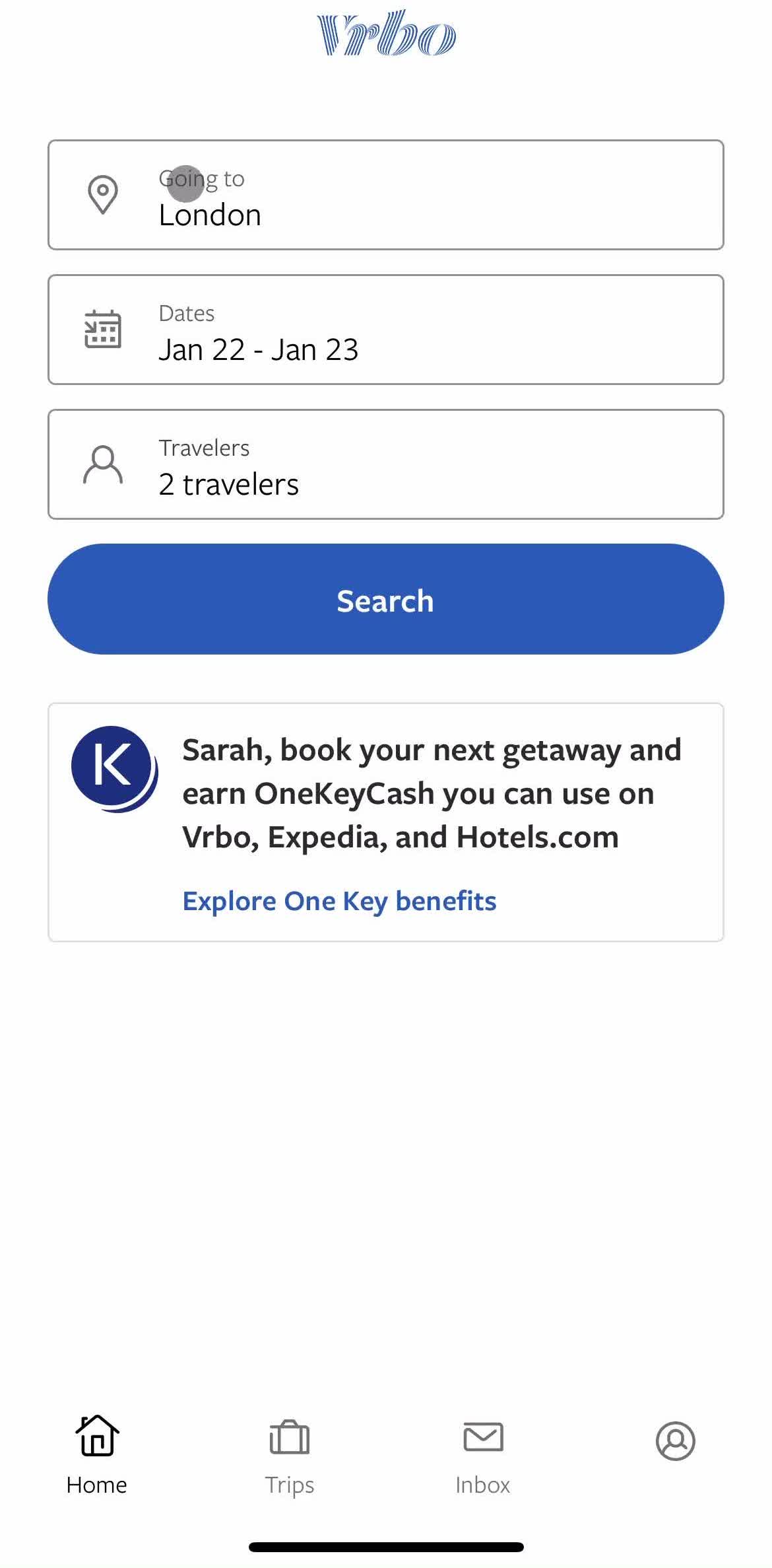 Vrbo Home screen in the Finding Hotels flow