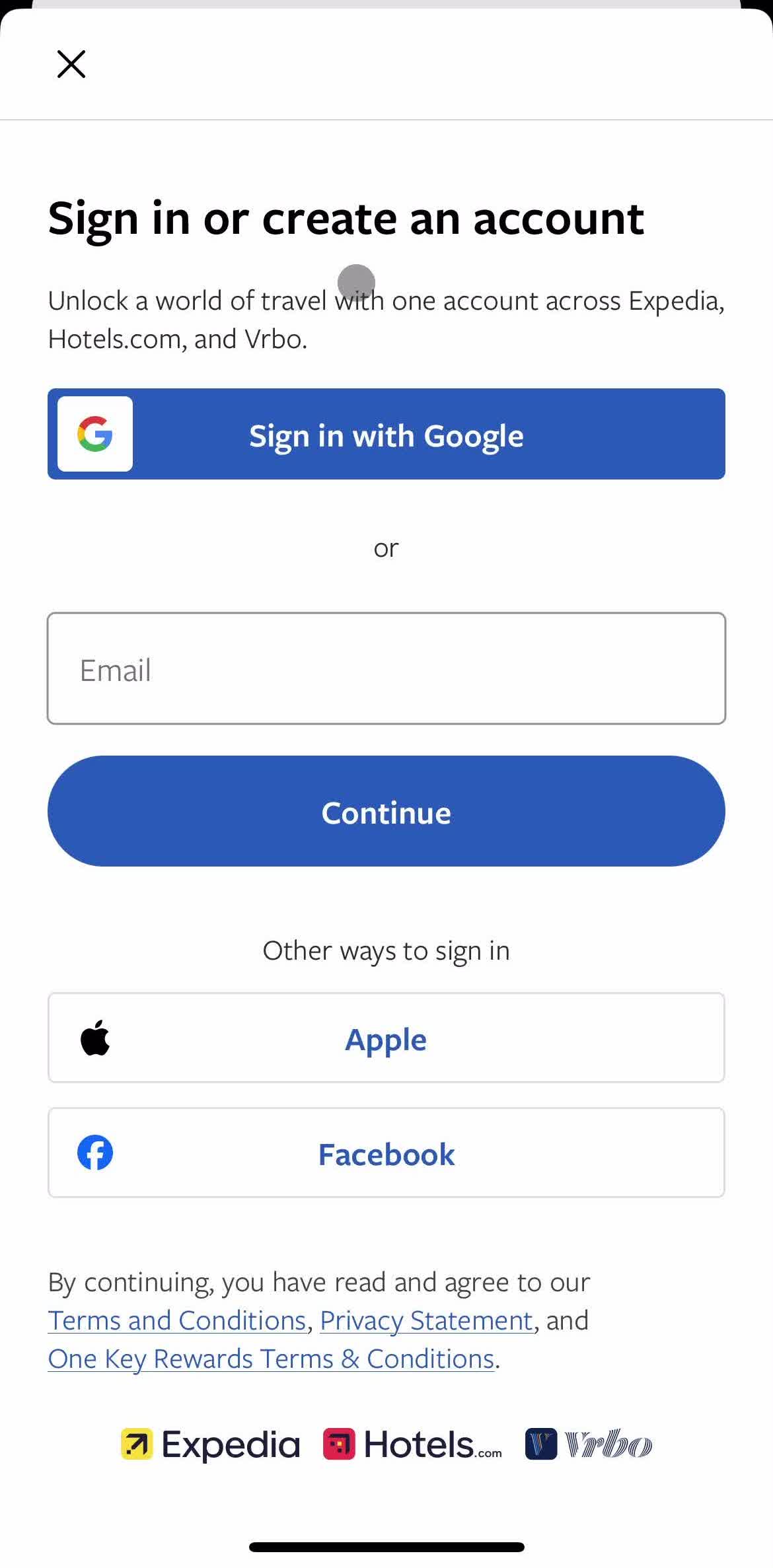 Vrbo Sign in screen in the Logging In flow