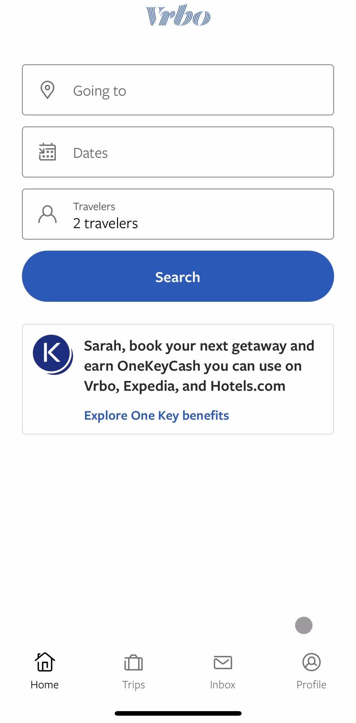 Vrbo Home screen in the Logging Out flow
