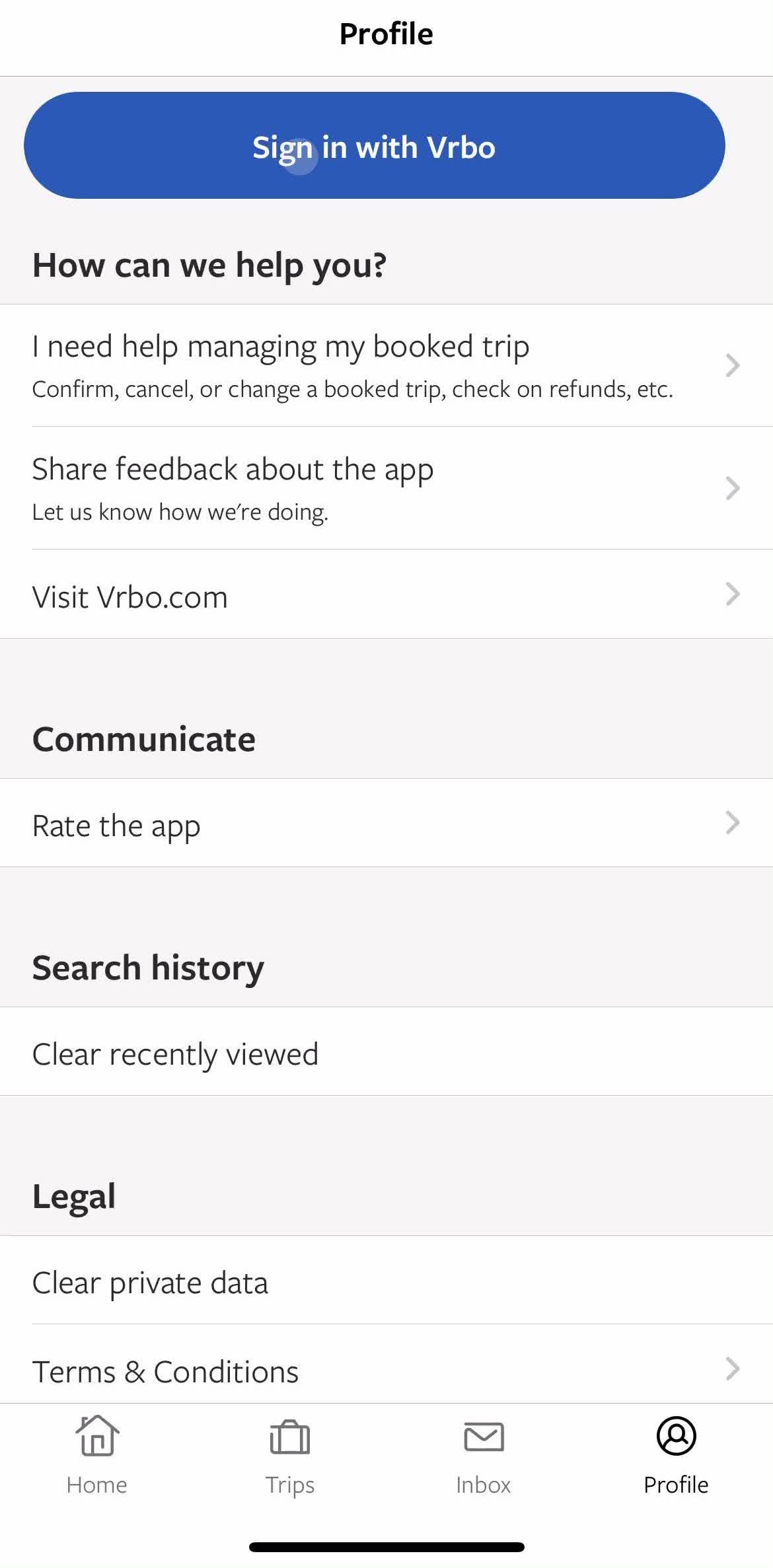 Vrbo Sign in screen in the Password Reset flow