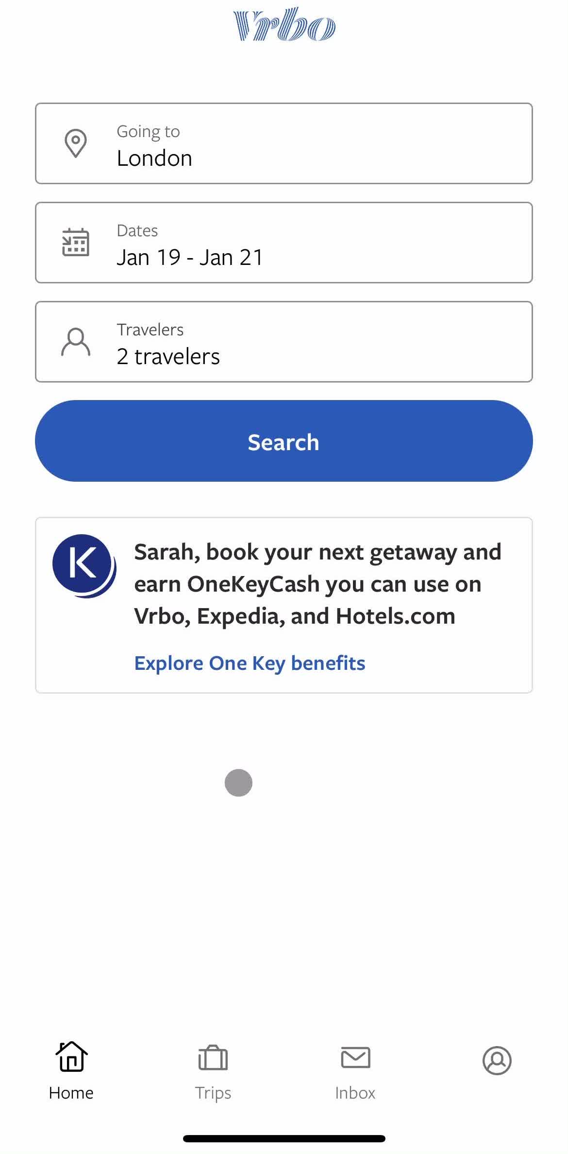 Vrbo Home screen in the Planning A Trip flow
