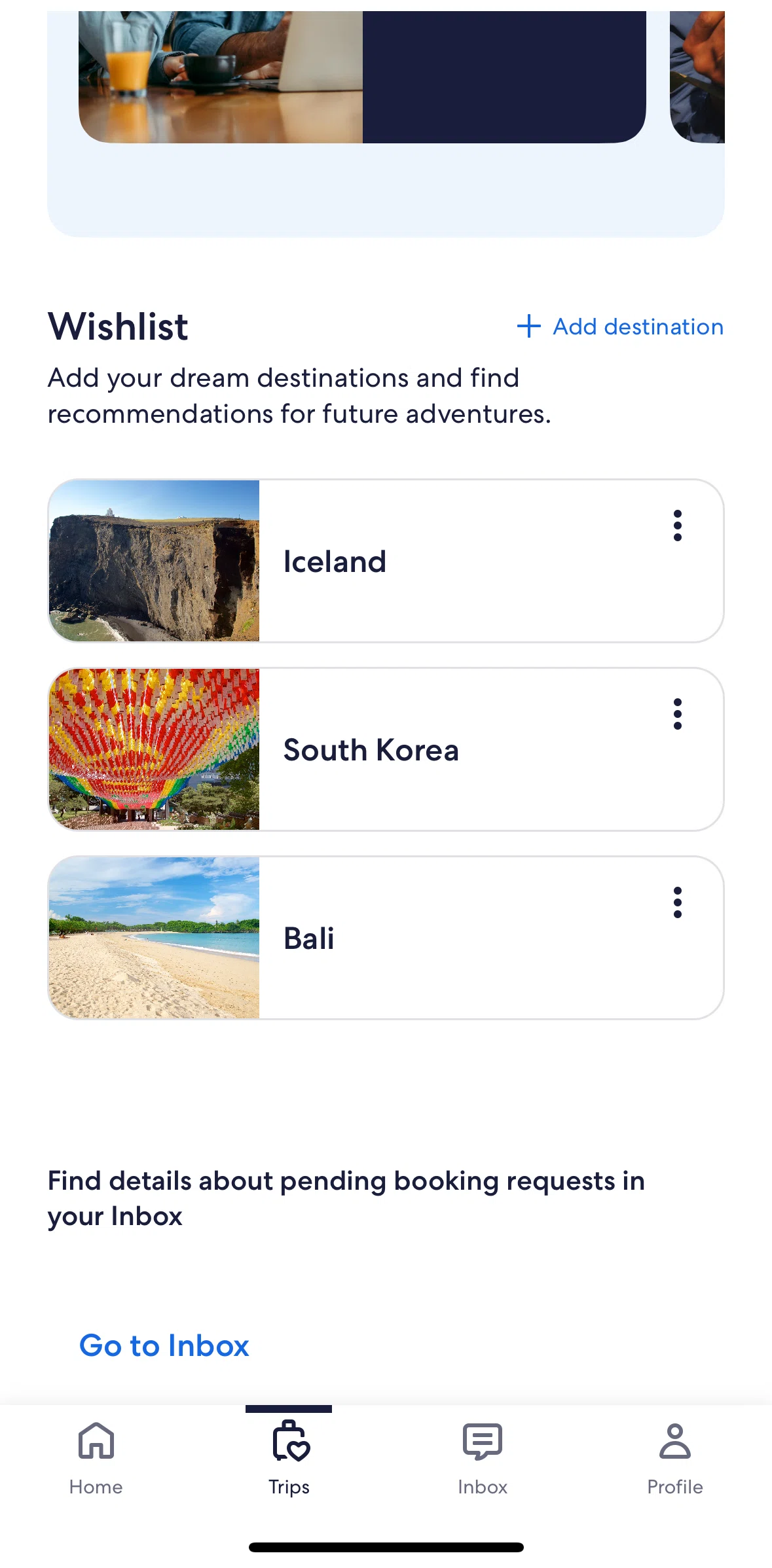 Vrbo Screen screen in the Removing a destination from wishlist flow