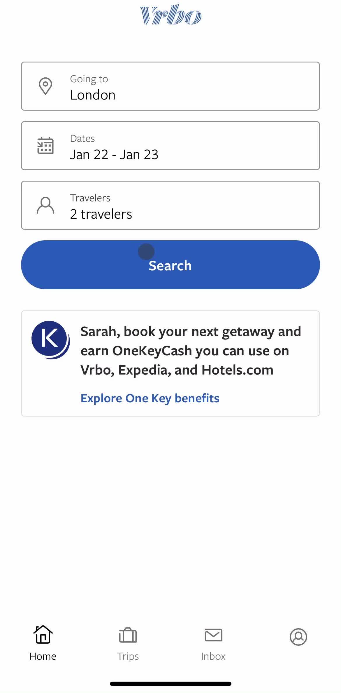 Vrbo Home screen in the Reporting A Review flow