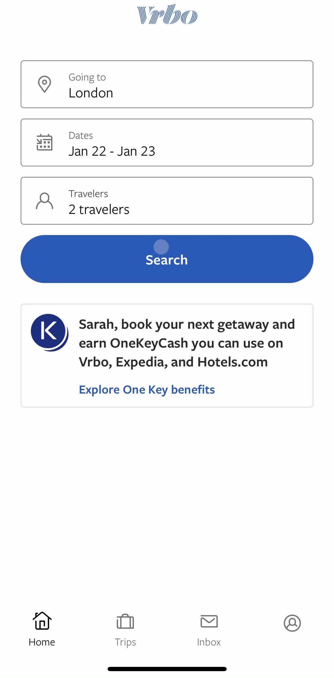 Vrbo Home screen in the Sending Messages flow