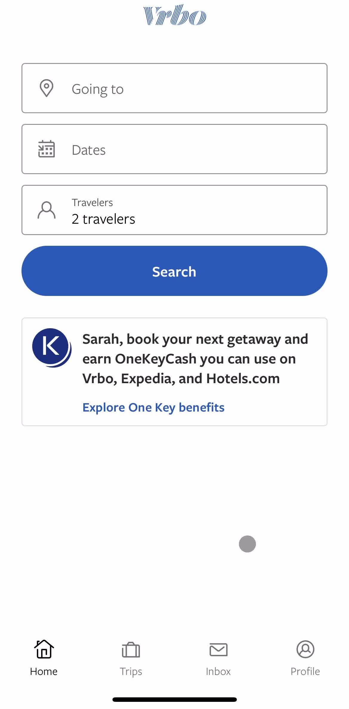 Vrbo Home screen in the Settings flow